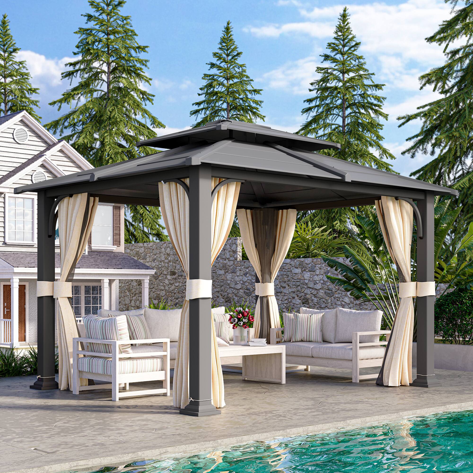 Alt View 6. U-HOMY - Anti-Rust Iron Hardtop Gazebo | All-Weather Enclosed Sun Shelter - 10' x 12'.