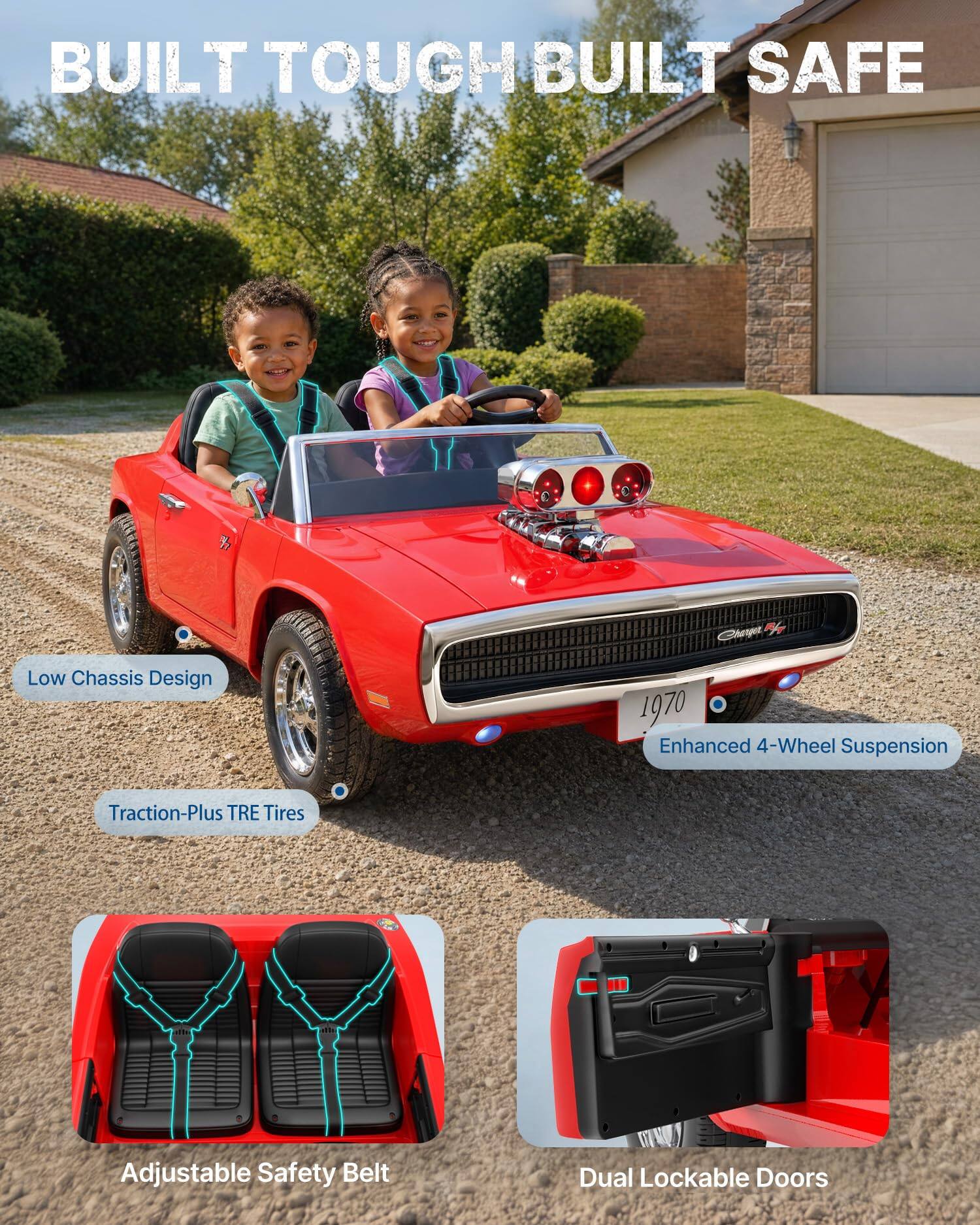 BUILT TOUGH BUILT SAFE

Charger

Low Chassis Design

1970 Enhanced 4-Wheel Suspension

Traction-Plus TRE Tires

100

ADIDA

Adjustable Safety Belt

Dual Lockable Doors