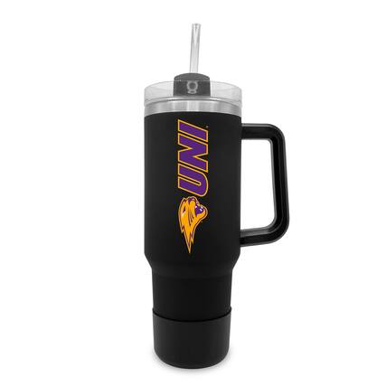 Front. The Fanatic Group - Northern Iowa Panthers 40oz. Stainless Tumbler with Handle & Removable Straw - Black.