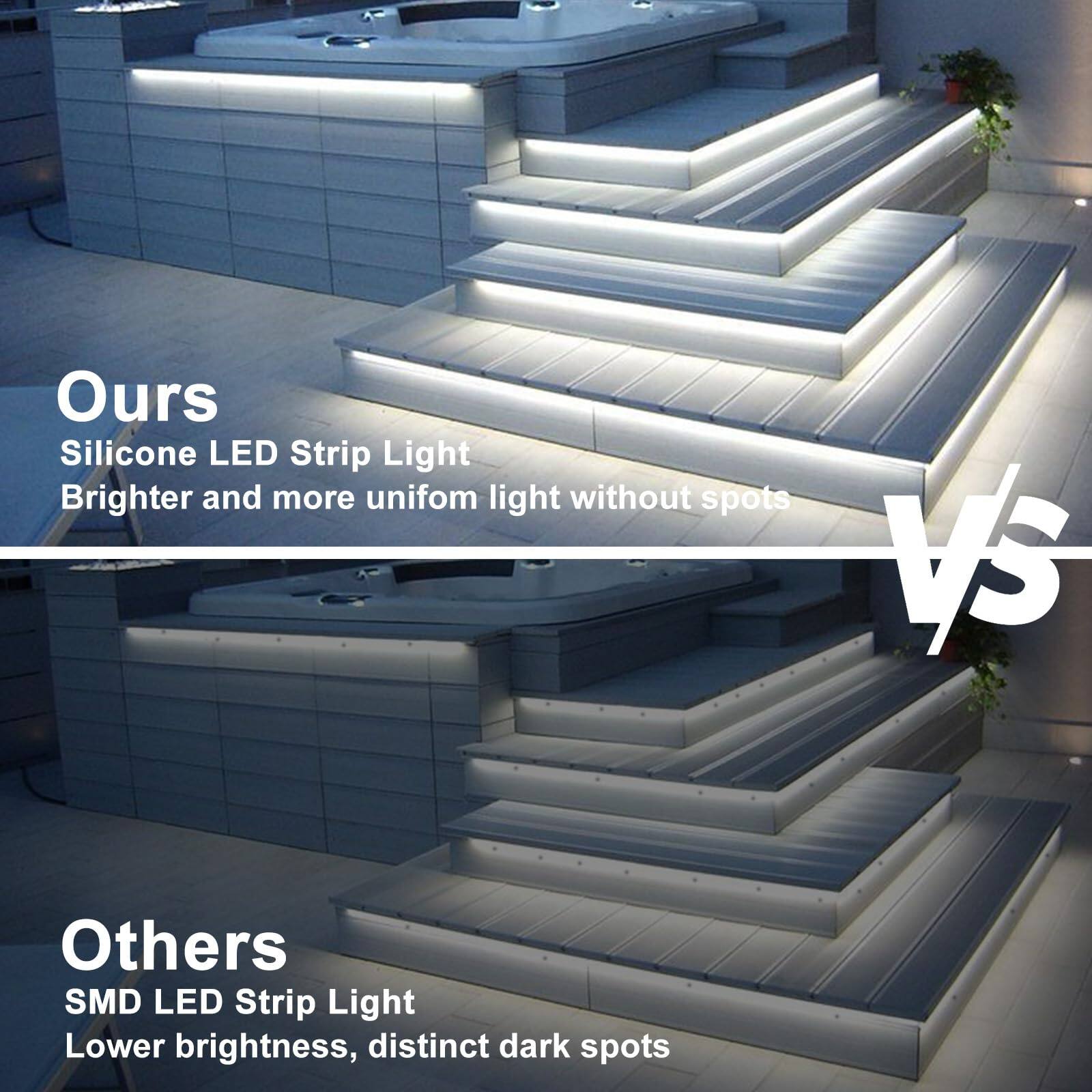 Ours  
Silicone LED Strip Light  
Brighter and more uniform light without spots  

vs  

Others  
SMD LED Strip Light  
Lower brightness, distinct dark spots