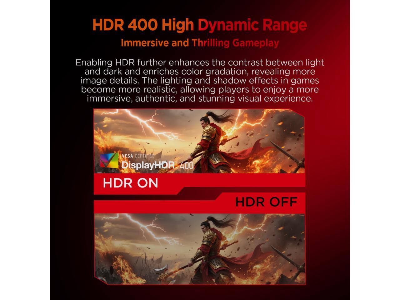 HDR 400 High Dynamic Range  
Immersive and Thrilling Gameplay  

Enabling HDR further enhances the contrast between light and dark and enriches color gradation, revealing more image details. The lighting and shadow effects in games become more realistic, allowing players to enjoy a more immersive, authentic, and stunning visual experience.  

VESA CERTIFIED DisplayHDR 400  

HDR ON  
HDR OFF