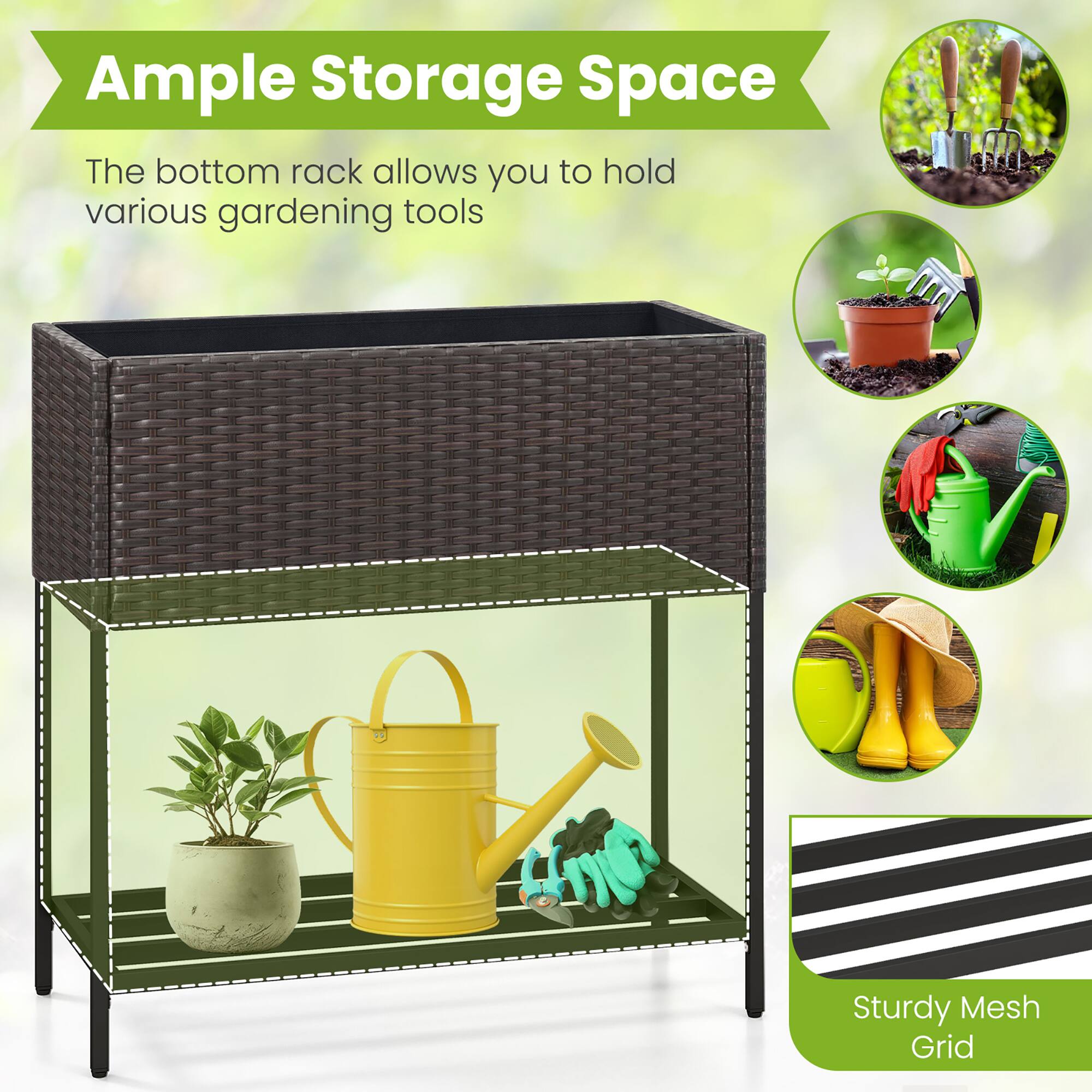 Ample Storage Space  
The bottom rack allows you to hold various gardening tools  

Sturdy Mesh Grid