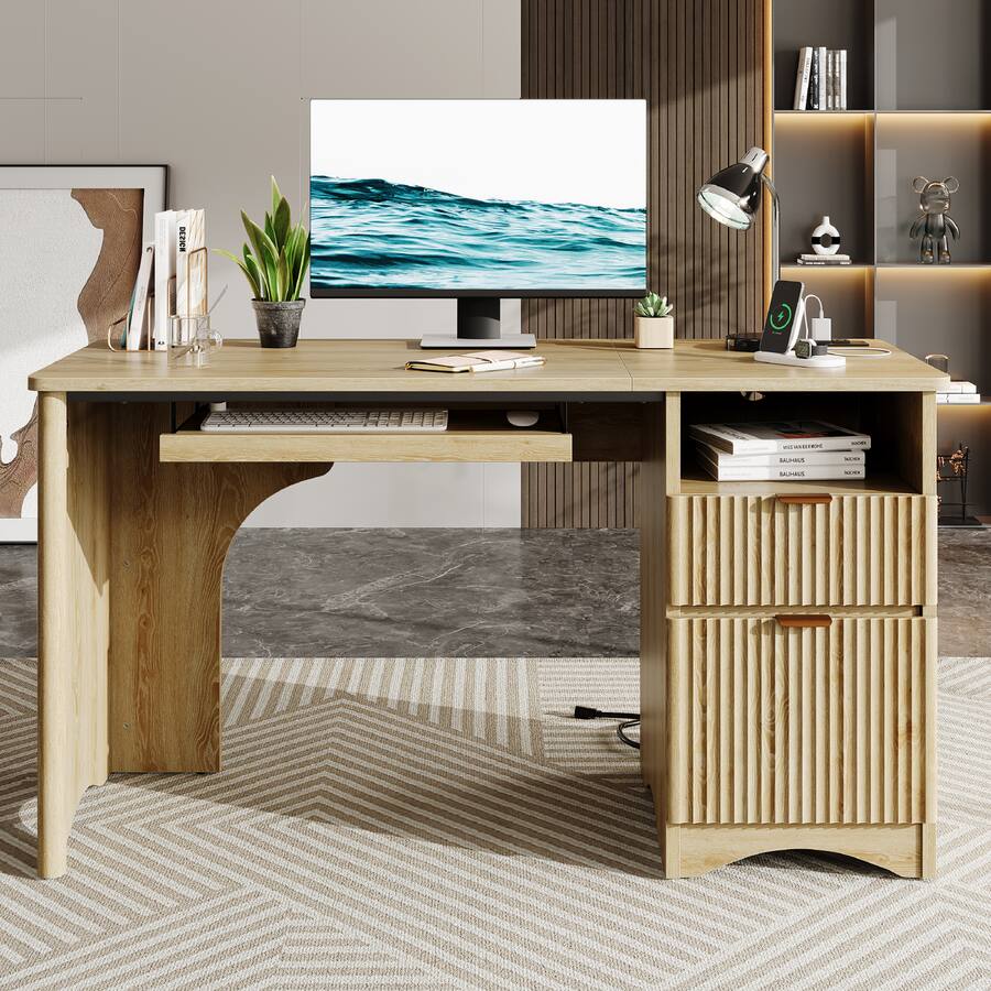 Computer Image File Format Bestier 55 Inch Fluted Computer Office Desk with Keyboard Tray Power ...
