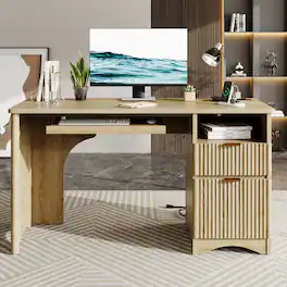 Bestier - 55-inch Double Drawer Desk with USB Charging Ports & Keyboard Tray - Burlywood