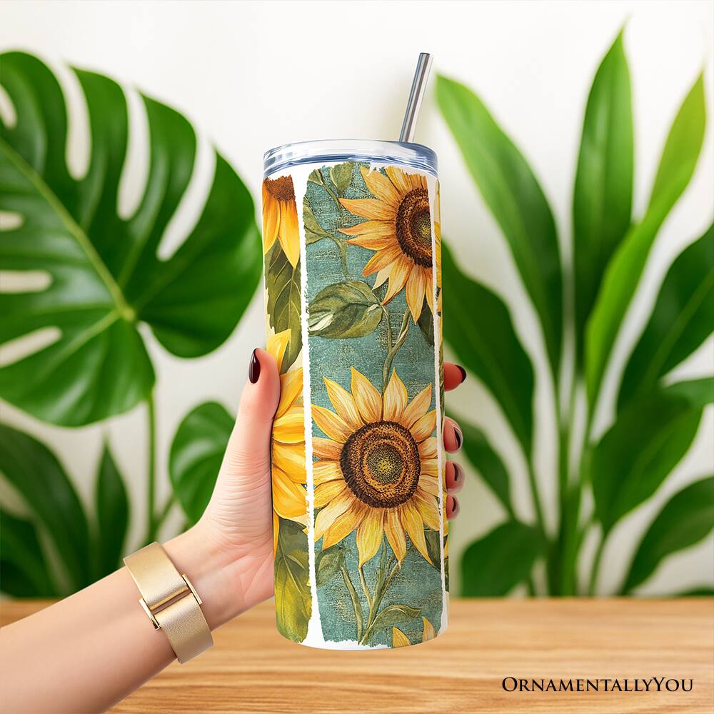 Left. OrnamentallyYou - Sunflowers Season 20oz Tumbler With Stainless Steel Straw, Brushstrokes Vacation Beach Gift Cup - Multicolored.