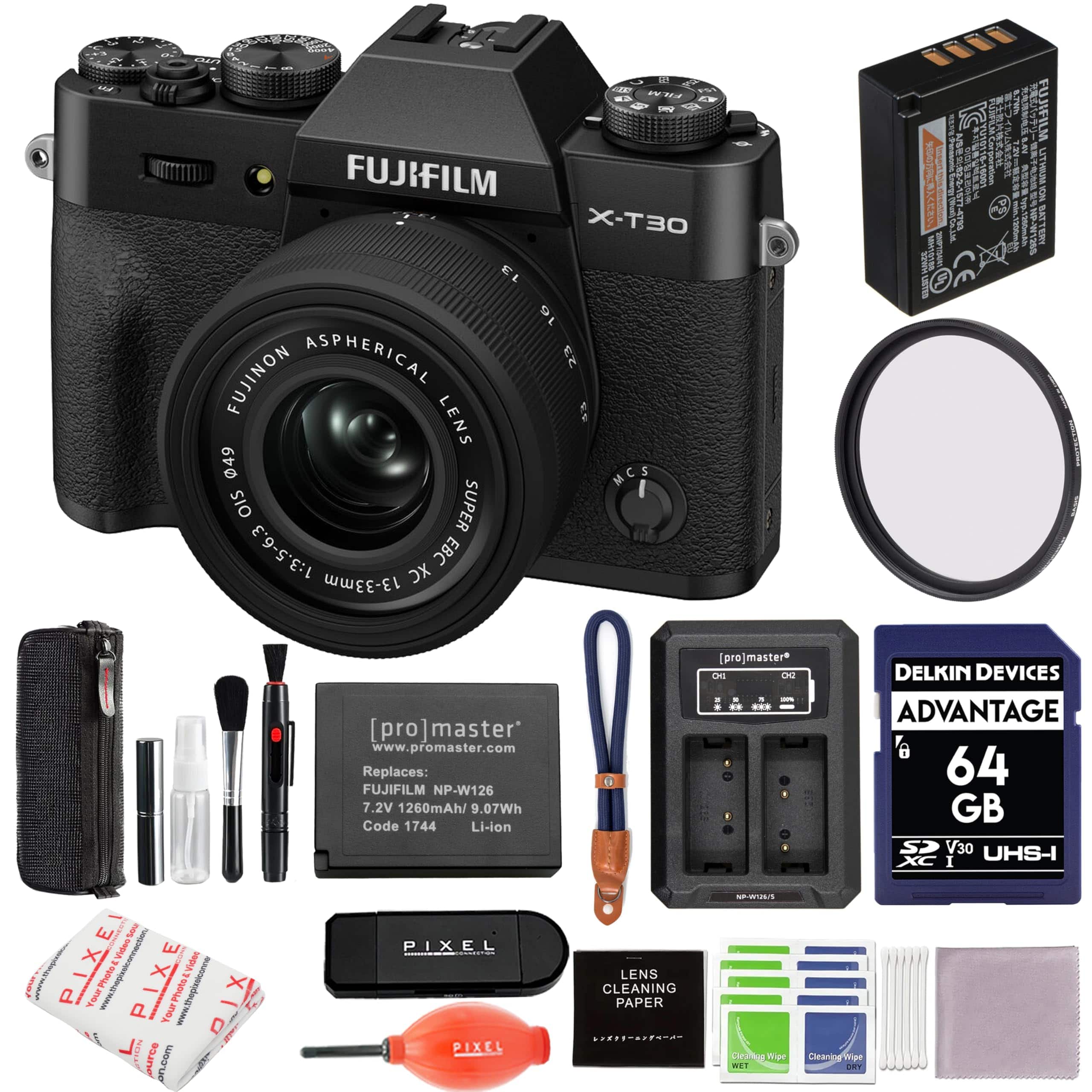 Fujifilm - X-T30 III Mirrorless Camera with 13-33mm f/3.5-6.3 Lens (Black) Bundle with Extra NP-W126S Battery, Accessories