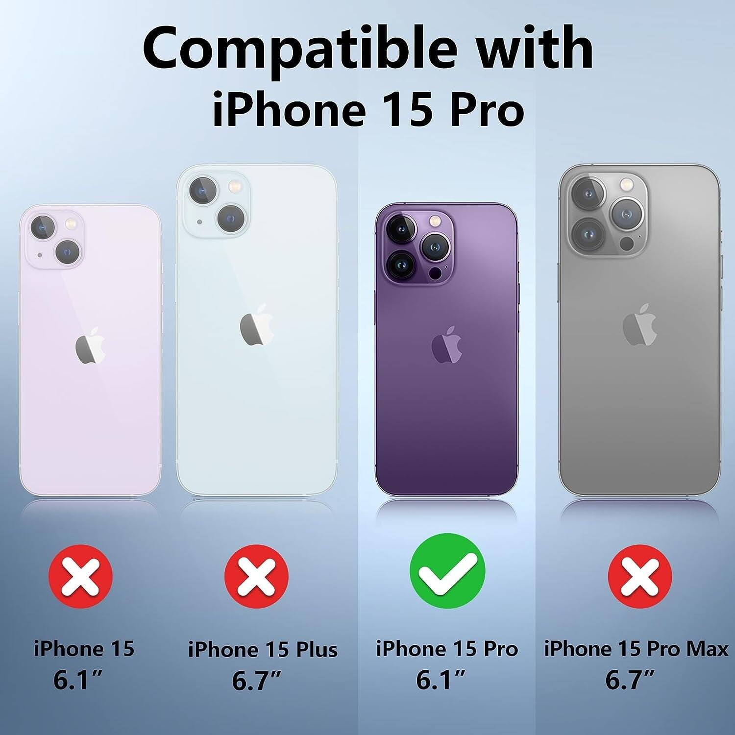 Compatible with iPhone 15 Pro

- iPhone 15 6.1" ❌
- iPhone 15 Plus 6.7" ❌
- iPhone 15 Pro 6.1" ✅
- iPhone 15 Pro Max 6.7" ❌