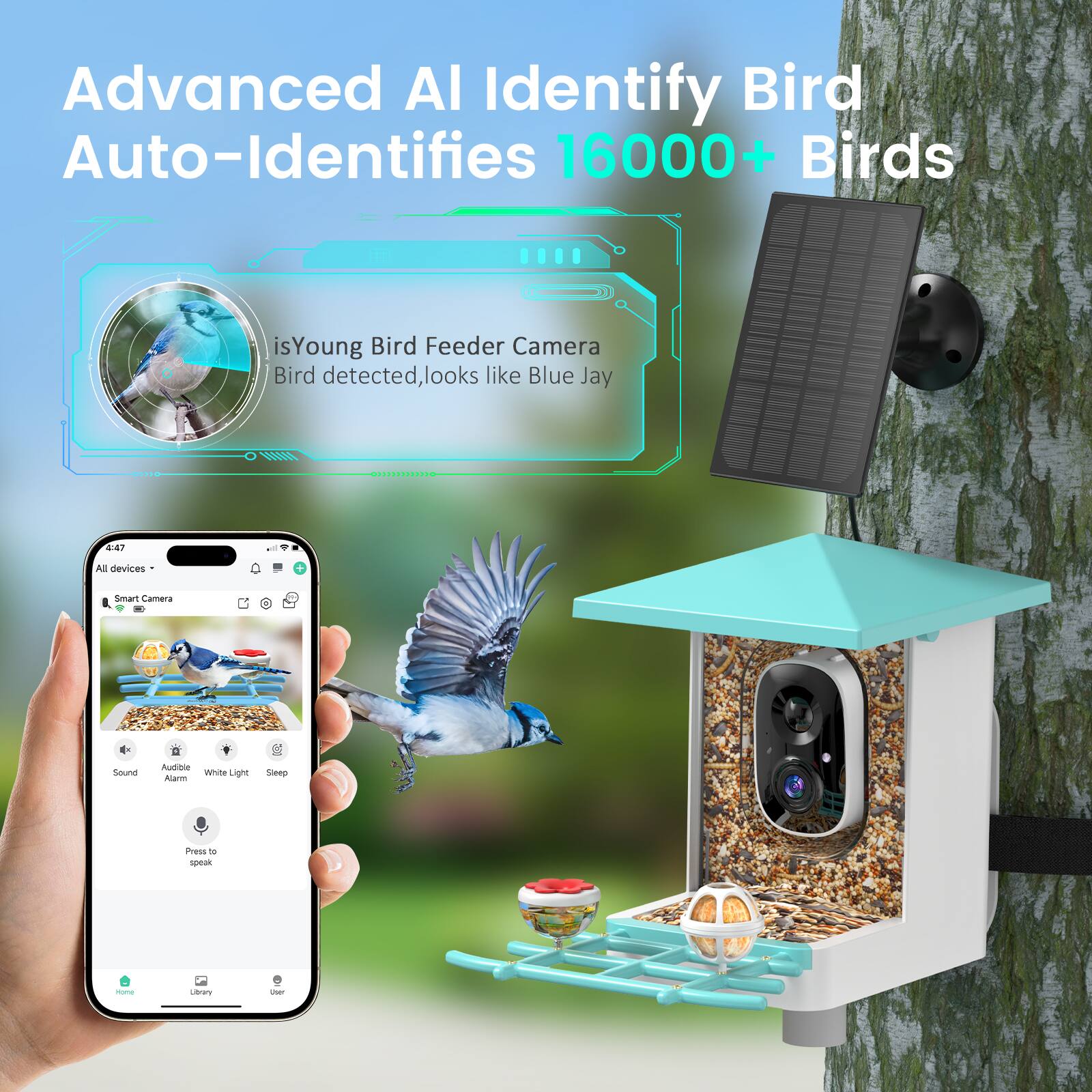 Advanced AI Identify Bird Auto-Identifies 16000+ Birds

isYoung Bird Feeder Camera
Bird detected, looks like Blue Jay

All devices - Smart Camera
4:47

Sound
Audible Alarm
White Light
Sleep

Press to speak

Home
Library
User