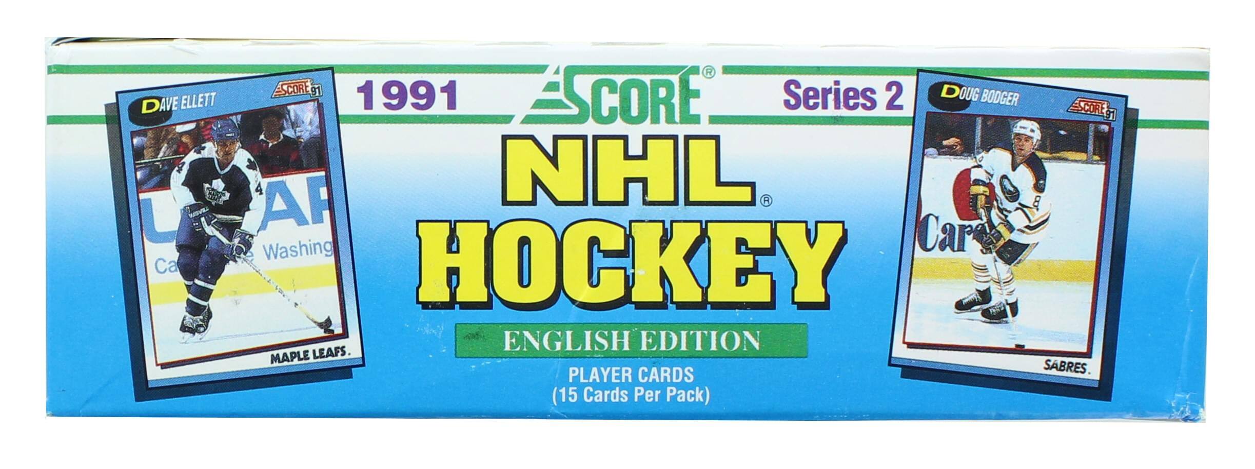 Sure, here is the corrected and grouped text from the image:

---

**1991 SCORE NHL HOCKEY**  
**ENGLISH EDITION**  
**Series 2**  

**PLAYER CARDS**  
**(15 Cards Per Pack)**  

**DAVE ELLETT**  
**MAPLE LEAFS**  

**DOUG BOODGER**  
**SABRES**  

---

This text is organized to reflect the information presented on the packaging.