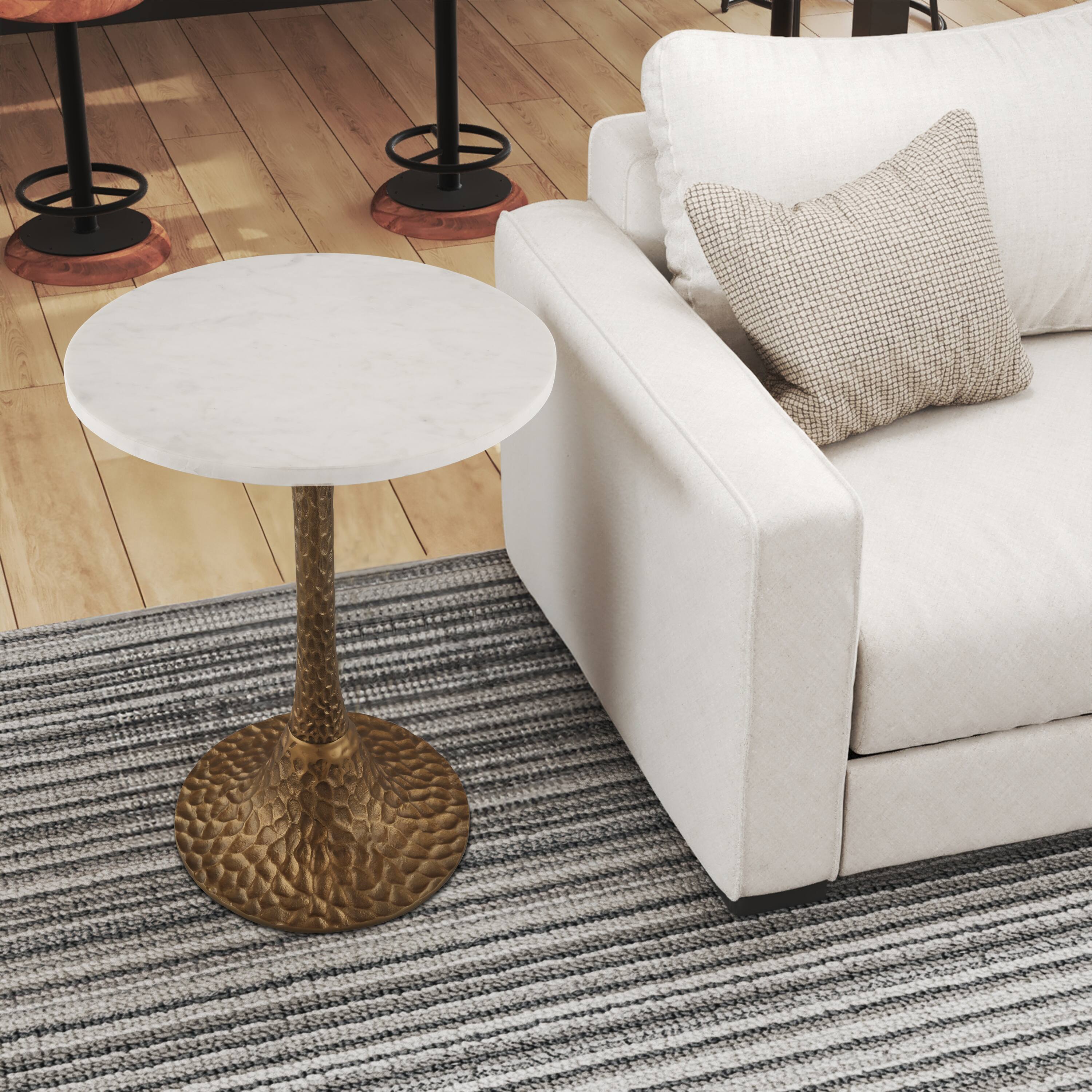 Alt View 9. Manhattan Lane - Accent Side Table, 14.5 Inch Round White Marble Top, Antique Brass Hammered Pedestal Base - Antique Brass, White.