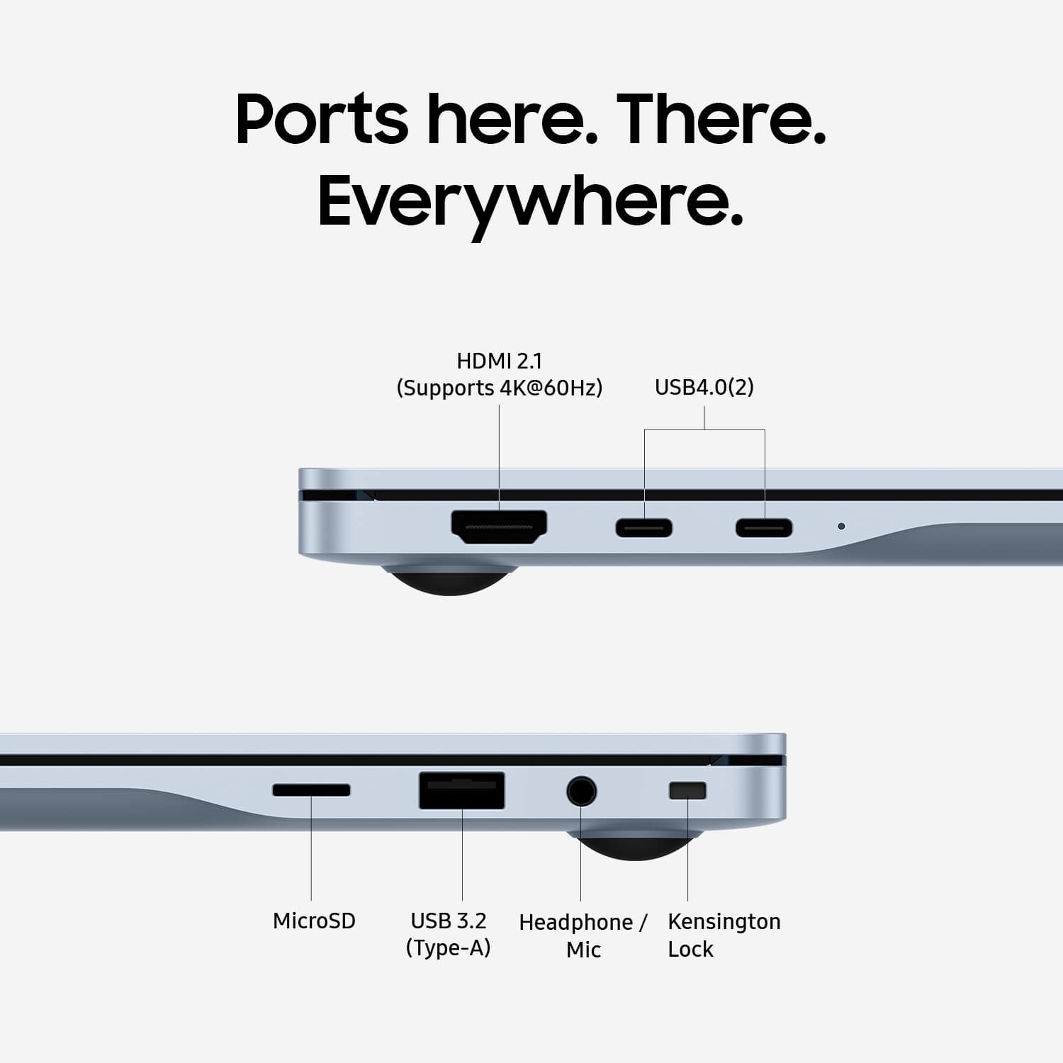 Ports here. There. Everywhere. HDMI 2.1 (Supports 4K@60Hz) USB4.0(2) MicroSD USB 3.2 Headphone/ Kensington (Type-A) Mic Lock