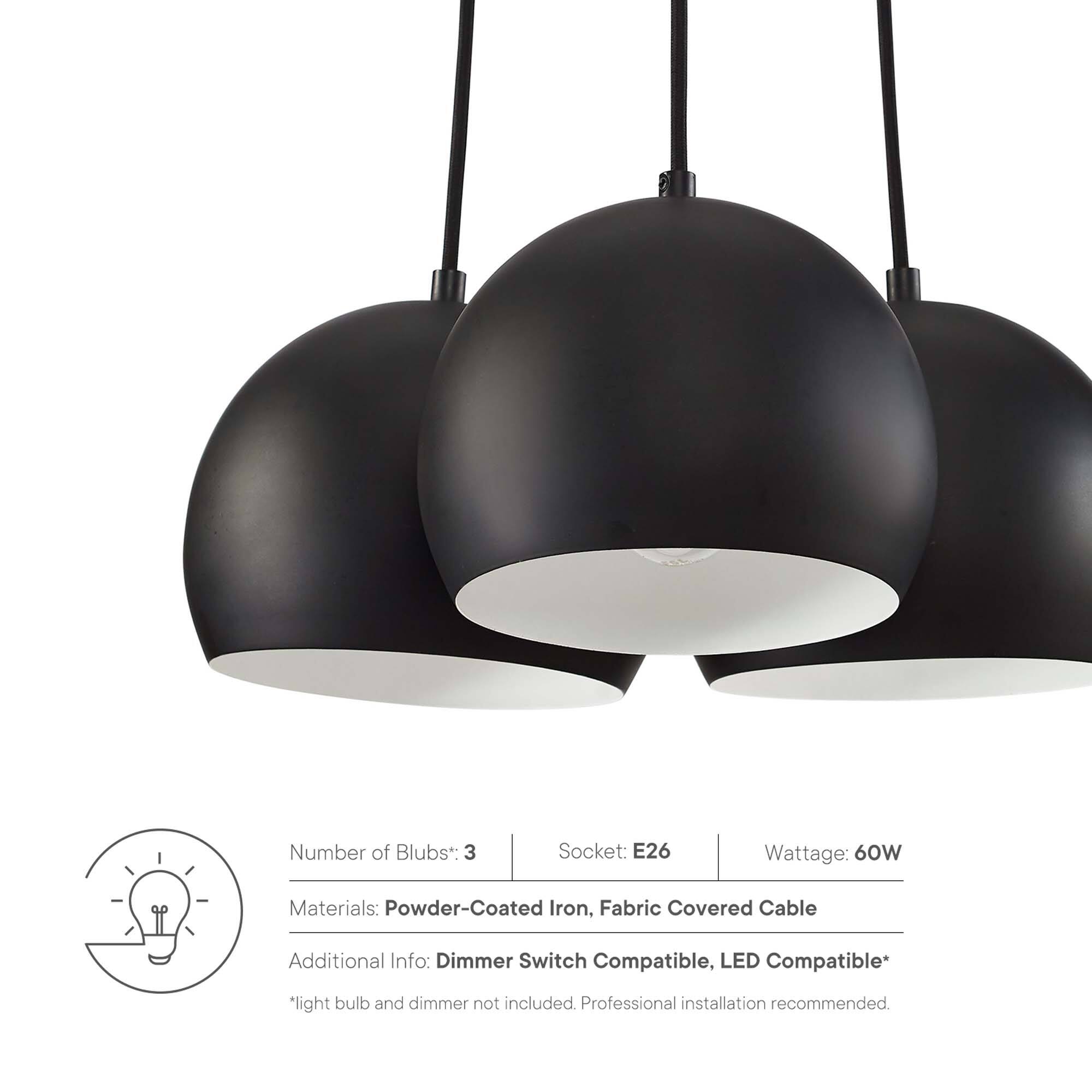 Number of Bulbs*: 3  
Socket: E26  
Wattage: 60W  
Materials: Powder-Coated Iron, Fabric Covered Cable  
Additional Info: Dimmer Switch Compatible, LED Compatible*  
*light bulb and dimmer not included. Professional installation recommended.
