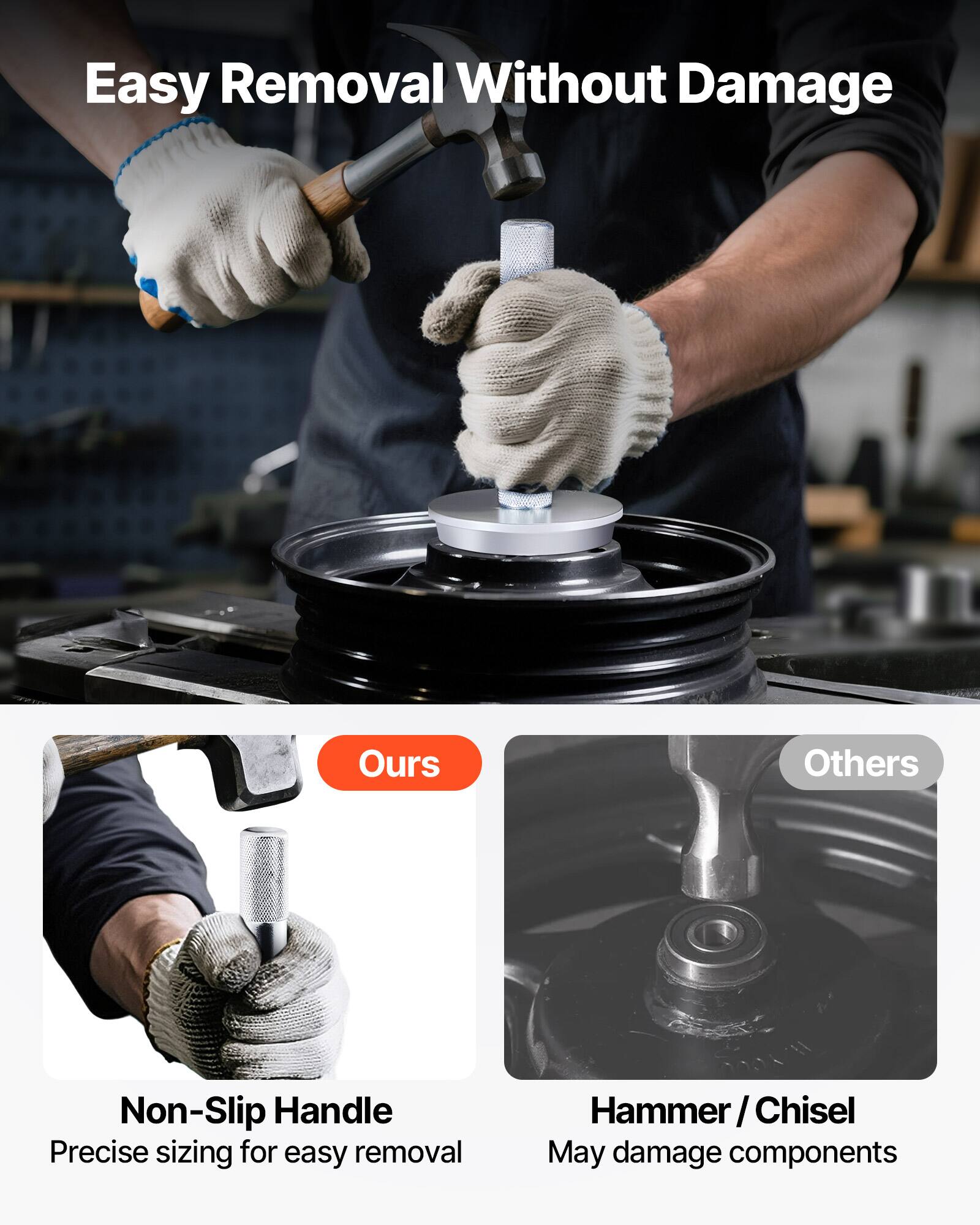 Easy Removal Without Damage

Ours
Non-Slip Handle
Precise sizing for easy removal

Others
Hammer / Chisel
May damage components