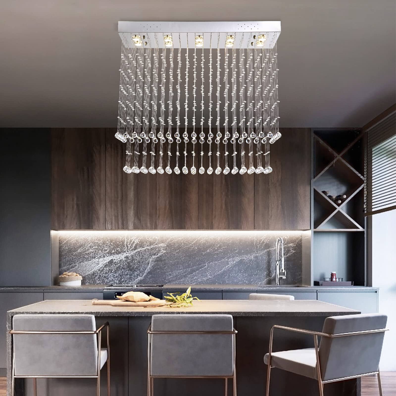 Alt View 1. Siljoy - 10-Light Modern Rectangular Raindrop Crystal Chandelier for Dining Room/Foyer/Kitchen - Metallic Gray.