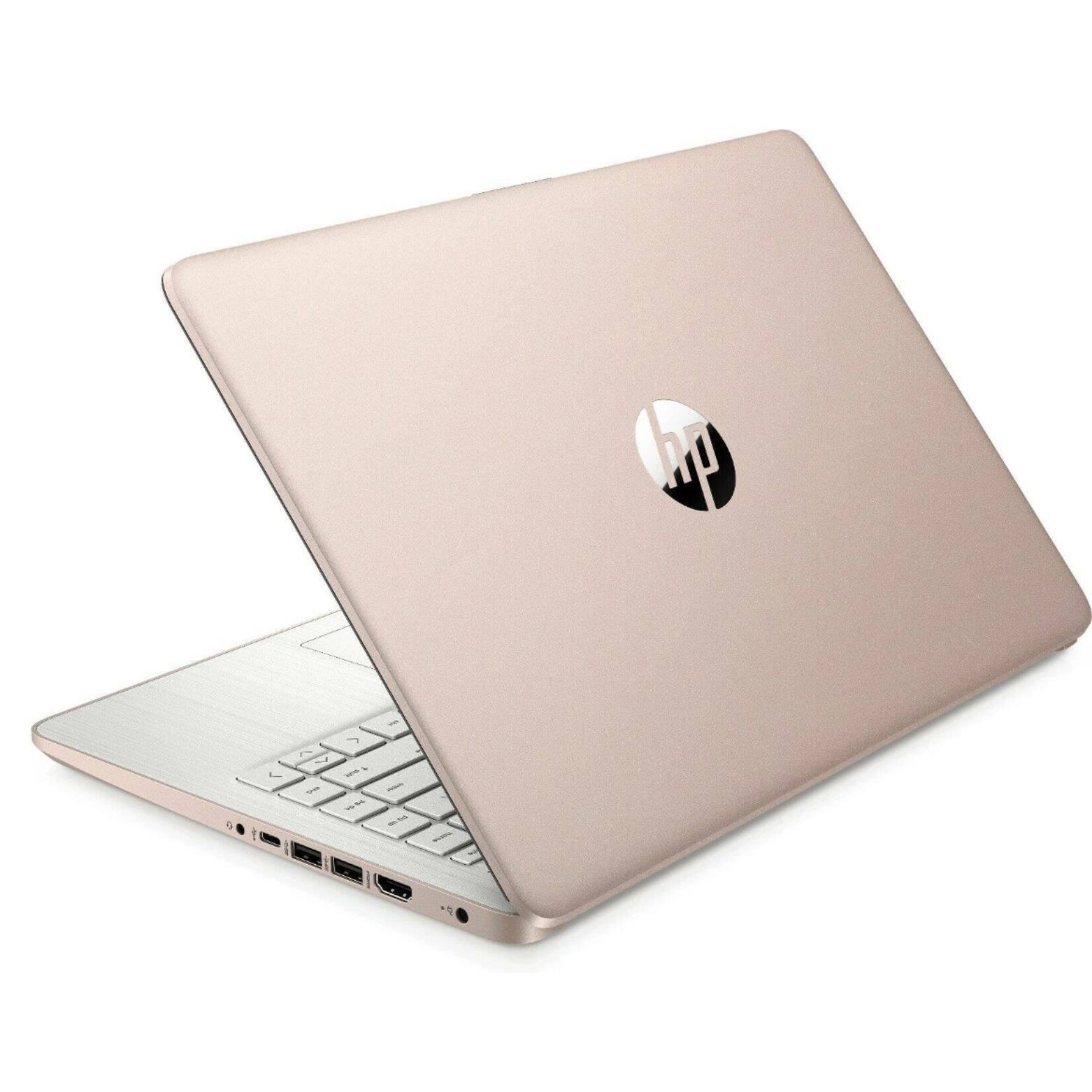 Left. HP - HP B8SU0UA#ABA  Laptop, Celeron N4500, 4GB, 64GB eMMC SSD, 14.0" HD HD (1366x768), Intel UHD, Win 11H S-Mode - Pale Rose Gold Natural Silver.