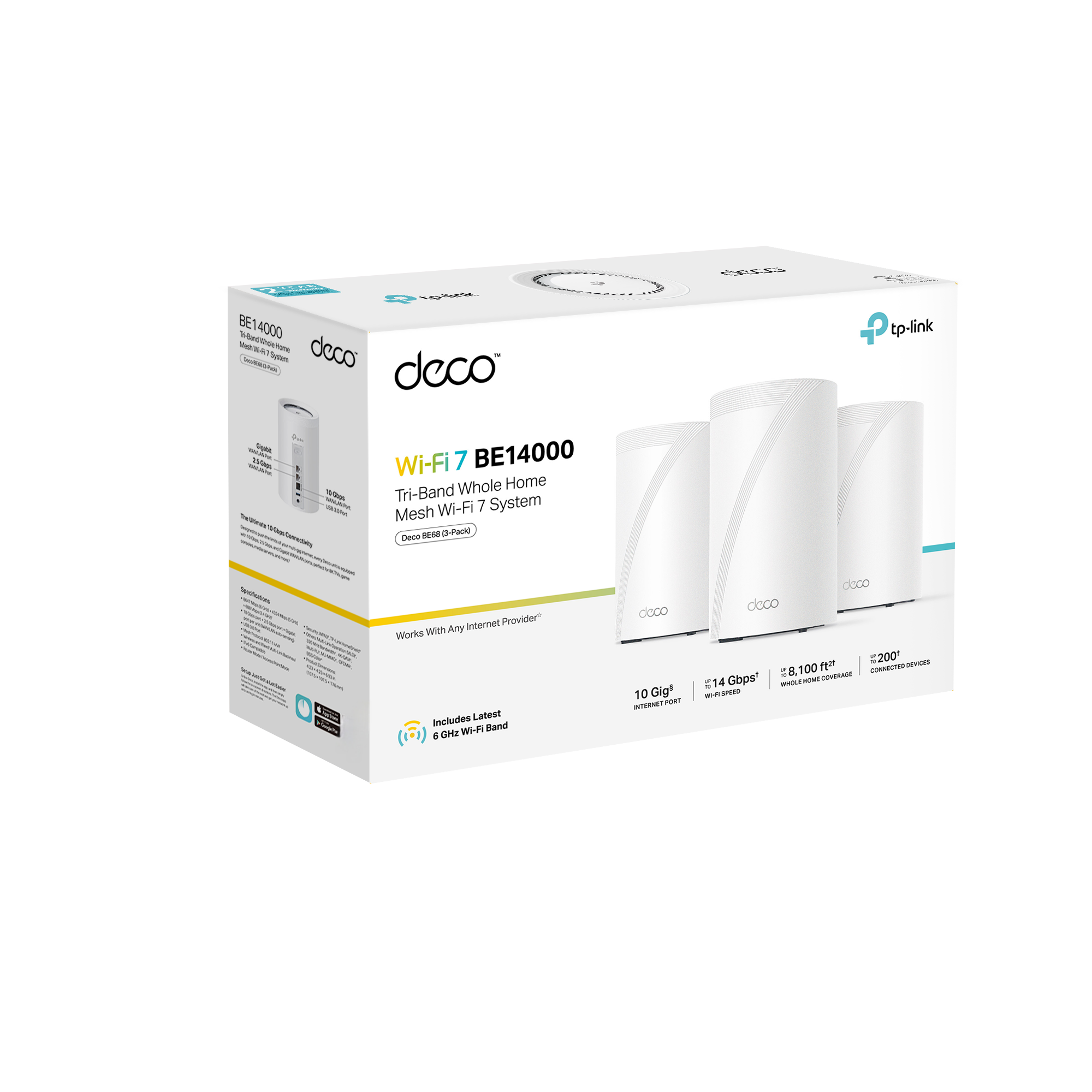 The text on the image reads: "BE1 E14000 deco et deco tp-link 1 - - Wi-Fi BE14000 Whole Home Tri-Band Mesh Wi-Fi 7 System Dece BEA D-Pack Internet Provider" Works Wih Any Includes Latest WI-F Band 8 GMa doco 10 Gig" STERNUT AT doco doco 200 8,100 feat - Gbps - OVERANE 14 - - nS".