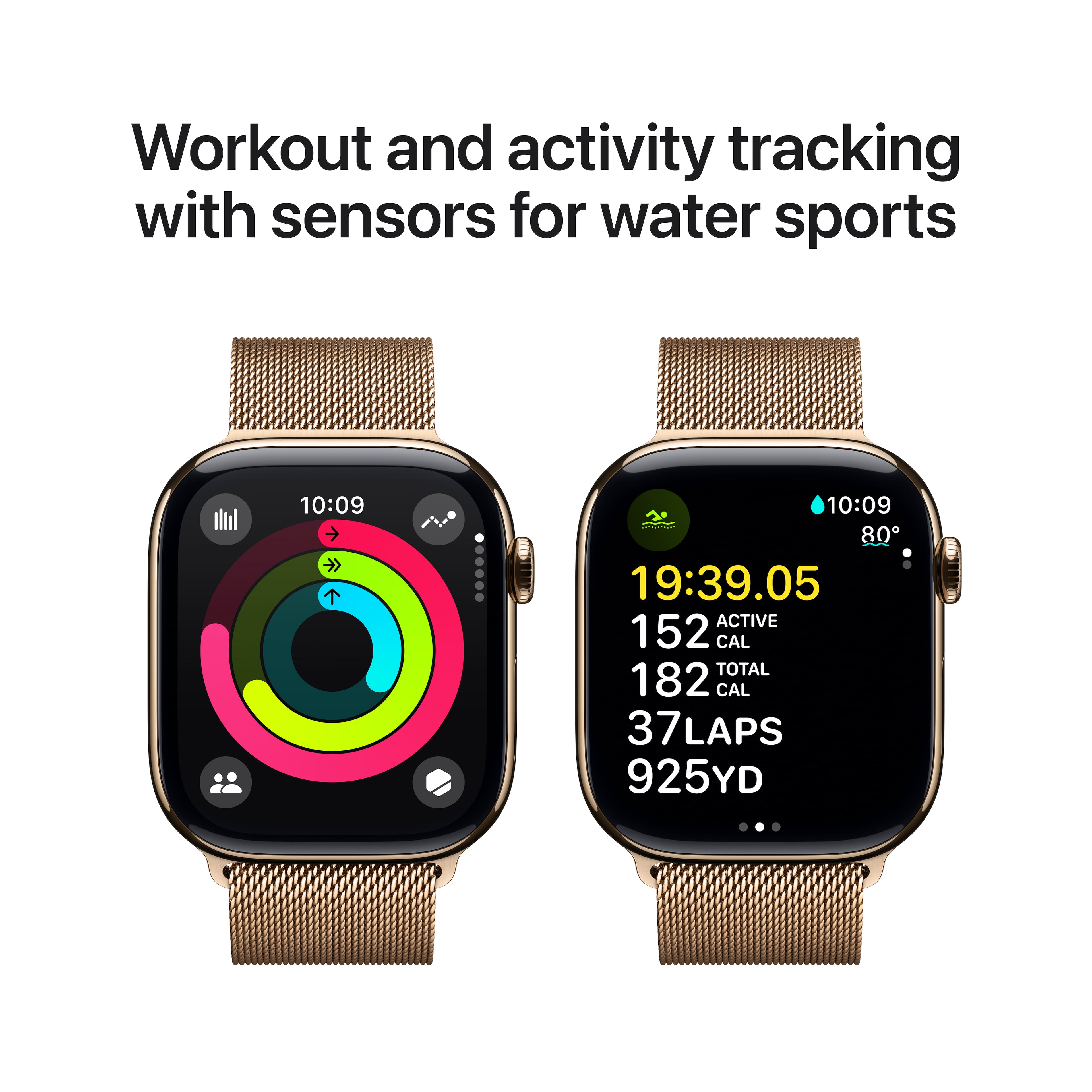 Workout and activity tracking with sensors for water sports. 10:09 # 10:09 80 19:39.05 ACTIVE 152 CAL TOTAL 182 CAL 37 LAPS 925YD.
