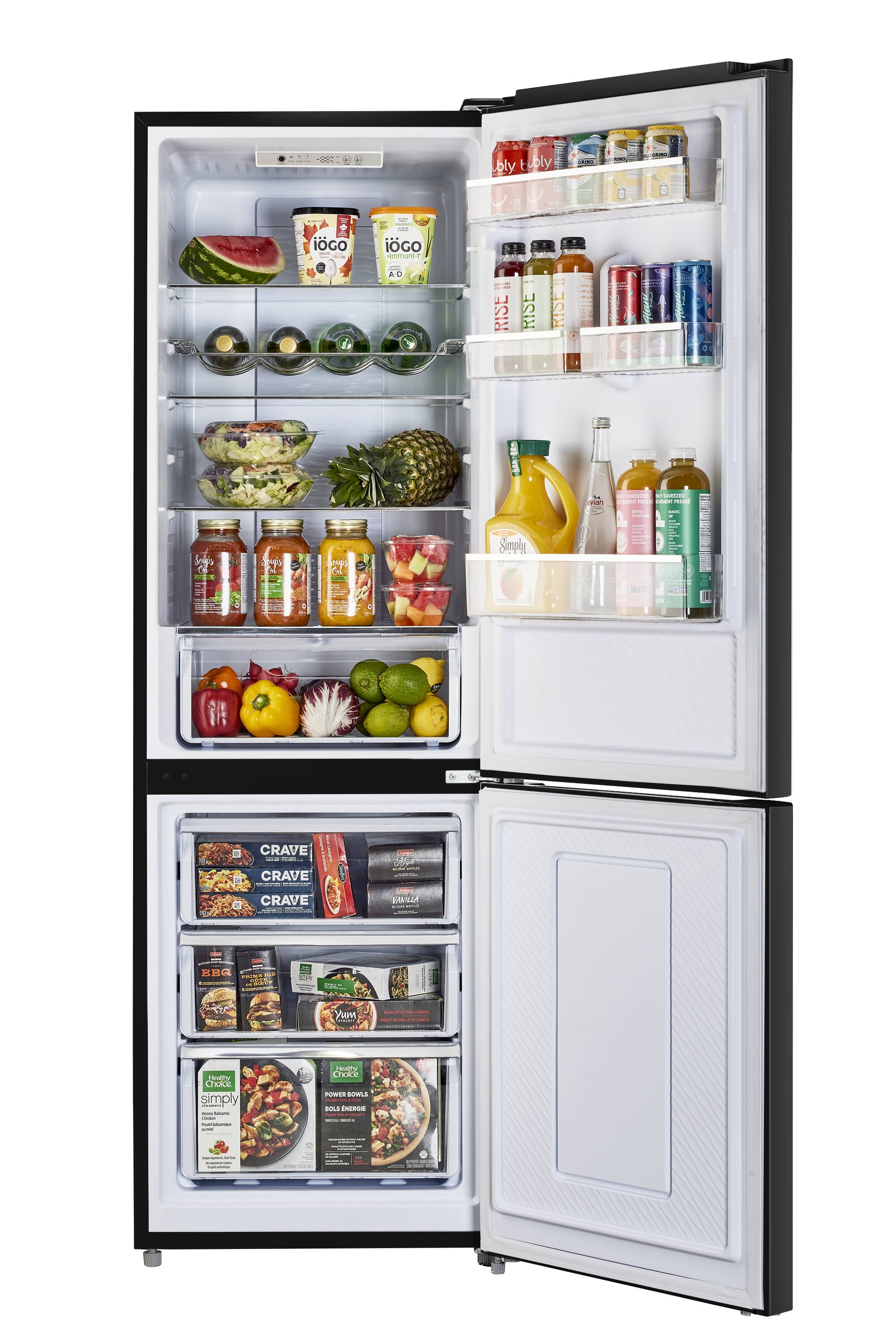 The image shows a refrigerator with its door open, revealing a variety of food items and drinks. The refrigerator is filled with several bottles, including water, juice, and soda. There are also fruits such as apples and oranges, as well as vegetables like broccoli and carrots. The refrigerator is well-stocked and ready to be used.
