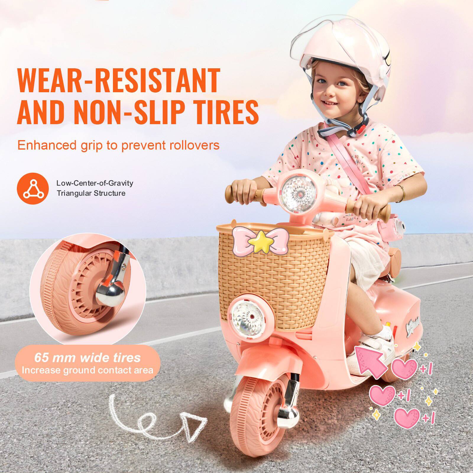 WEAR-RESISTANT AND NON-SLIP TIRES  
Enhanced grip to prevent rollovers  

- Low-Center-of-Gravity Triangular Structure  
- 65 mm wide tires  
  Increase ground contact area