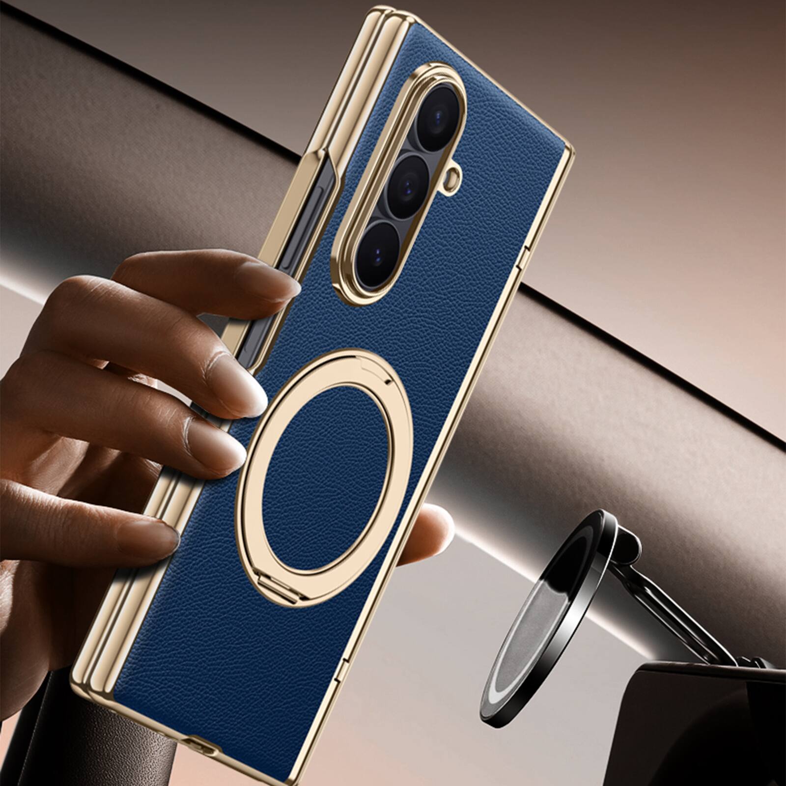 Alt View 4. Dteck - For Samsung Galaxy Z Fold7 Luxury Plated Frame Ring Stand Magnetic Case Hinge Protection Cover+Built-in Screen Protector - Green-Privacy Screen.