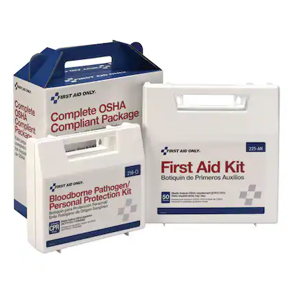 AID ARD L FIRSY FOS ND ONEY. ONLY. FIRST AID Complete OSHA OSHA Complete Package Compliant Compliant Este completo) Air KE los Firet 225-AN erina FIRST AID ONLY. de HA 216-O First Aid Kit Botiquin de Primeros Auxilios AID ONLY. FIRST Pathogen/ Bloodborne Kit Sitate Moots focoral OSIHA requirement 1910.1516 Protection 50 requirements may very Salisface - - 19981516 -o - CEPI Person Reguistos astatales pudieran vres Personal Personal/ para Proteccin Origen Sangineo Botiquin de Ente Patgeno OSPA regulaon MiNCE Inderal 1 Lninas dictuators 210 2crve - - e -tu a Mac CPR m2m2 Pars
---
**Corrected Text:**
FIRST AID ONLY.
Complete OSHA Compliant Package
Este paquete cumple con los requisitos de OSHA
FIRST AID ONLY.
Bloodborne Pathogen/ Personal Protection Kit
Botiquín para Protección Personal/ Ent