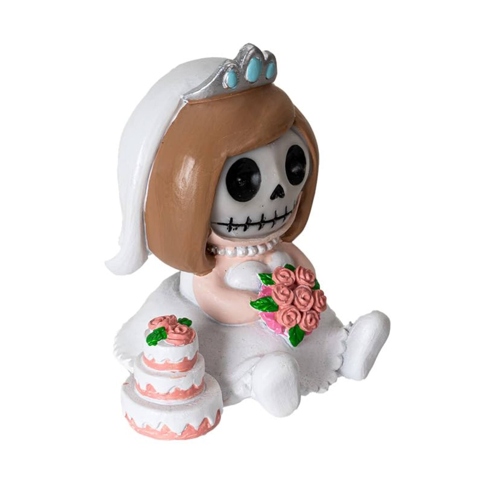 Alt View 1. Pacific Trading - Mrs. Furrybones Figurine Skeleton Bride in Wedding Dress Holding Bouquet with Cake 3.15 Tall - White.