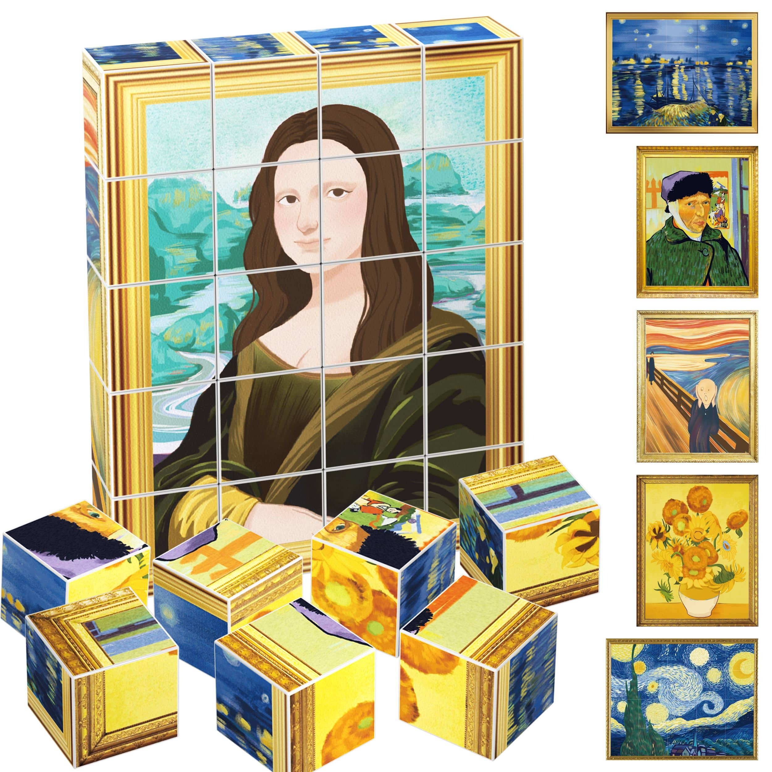 PicassoTiles - PICASSO-TILES 20PCS 1" Magnetic Puzzle Cubes, Van Gogh & Mona Lisa Hand Puzzle, STEM Mix & Match Art Toy for Kids