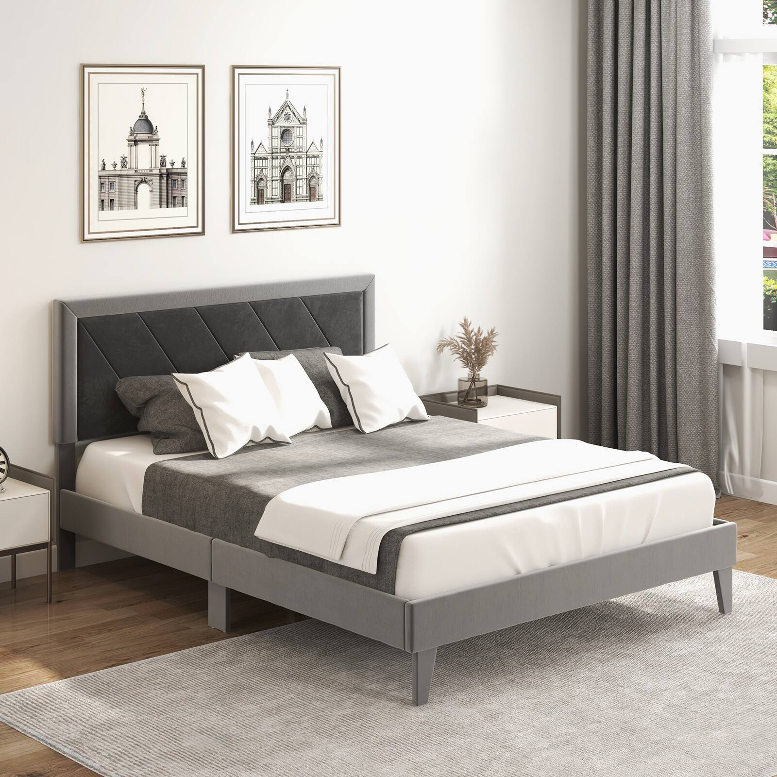 Alt View 4. LUCKY ONE - Queen Assembled Platform Bed with High Velvet Headboard Wooden Slats 1763 lbs - Gray & Black-Queen.