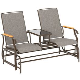 Outsunny - 2 Person Outdoor Glider Bench, Patio Swing Glider Chair Loveseat with Breathable Mesh, Table, Steel Frame for Garden - Light Mixed Brown