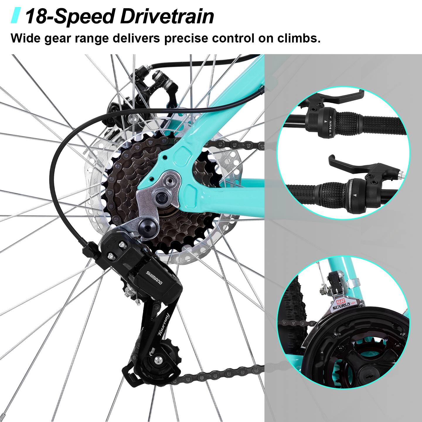 18-Speed Drivetrain  
Wide gear range delivers precise control on climbs.