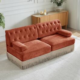 Anysun - Velvet Chesterfield Sofa - Button Tufted, Floor-Grazing Tassel Skirt, Easy Assembly, for Living Room & Bedroom - Red