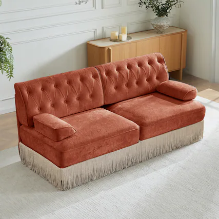 Front. Anysun - Velvet Chesterfield Sofa - Button Tufted, Floor-Grazing Tassel Skirt, Easy Assembly, for Living Room & Bedroom - Red.