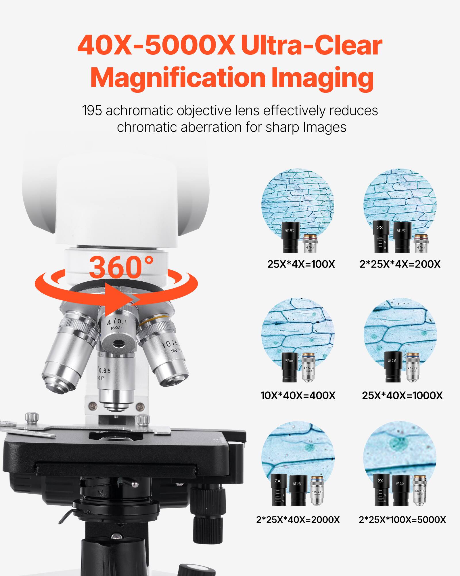 40X-5000X Ultra-Clear Magnification Imaging  
195 achromatic objective lens effectively reduces chromatic aberration for sharp Images  

25X*4X=100X  
2*25X*4X=200X  

10X*40X=400X  
25X*40X=1000X  

2*25X*40X=2000X  
2*25X*100X=5000X
