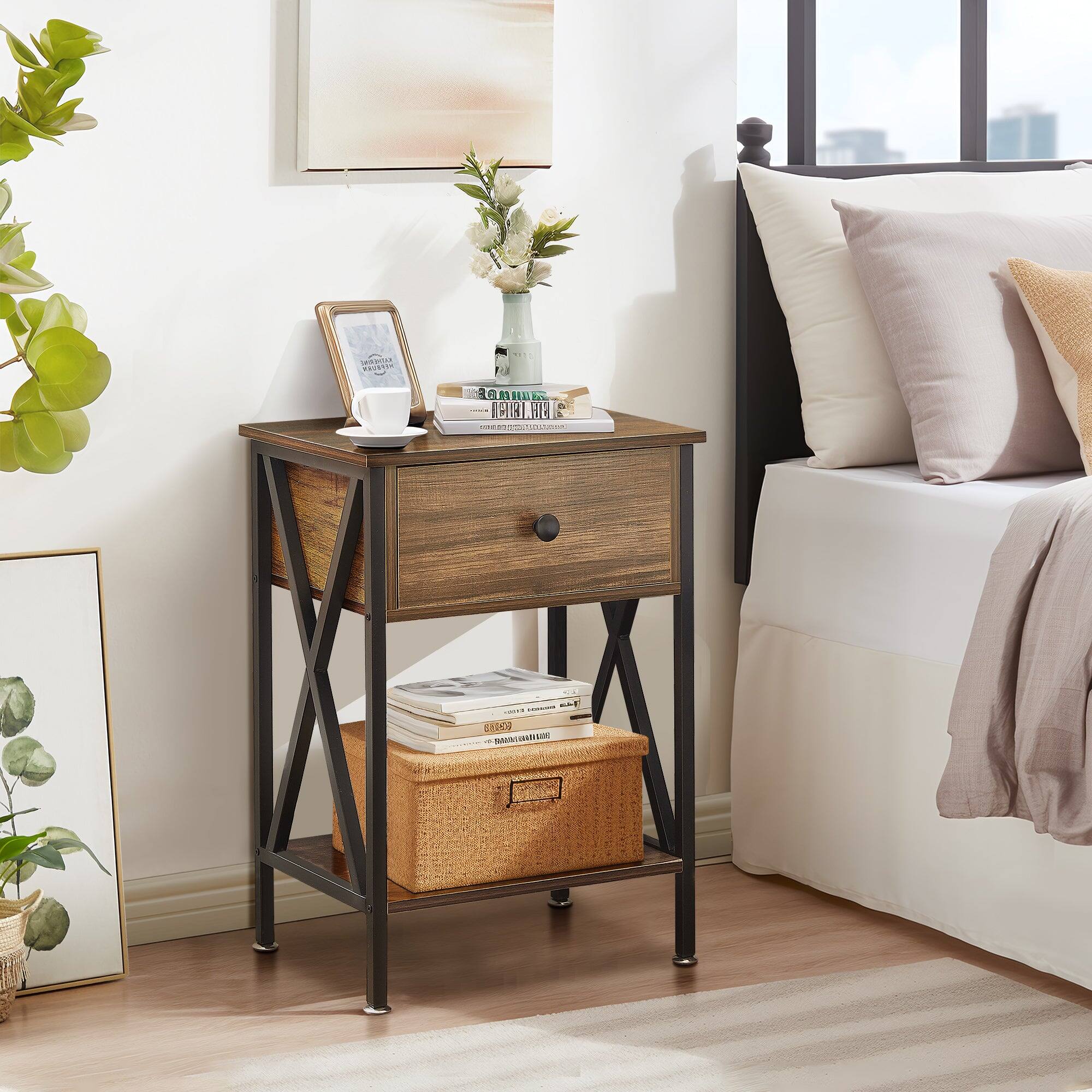 Vecelo - Nightstand with Drawer - Bedside Table with Storage Shelf, Compact End Table for Bedroom, MDF Wood Nightstand - Brown