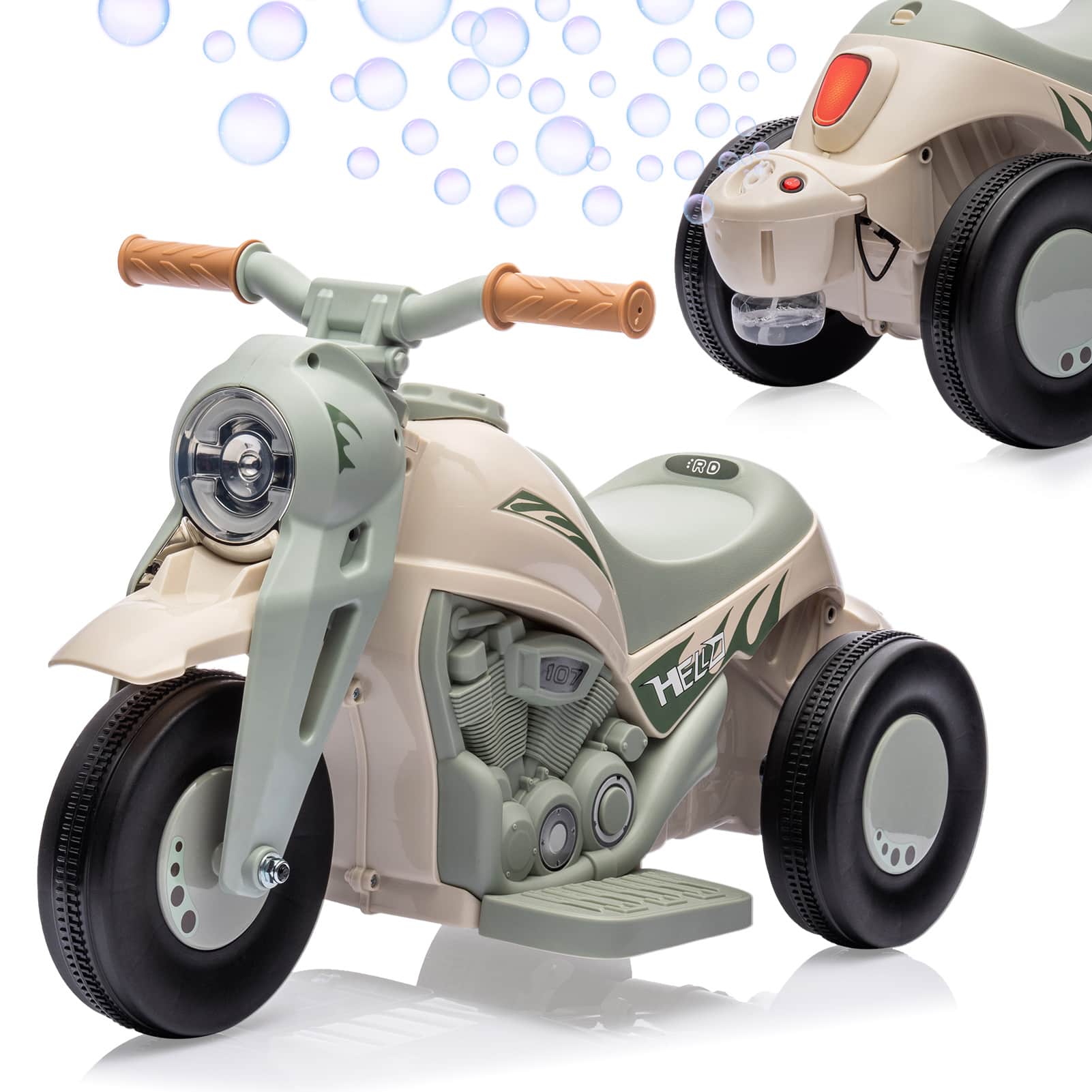 Jojoka - 6V Bubble Motorcycle Ride On Toy for Kids with Music, LED Lights, Rechargeable Battery, Safety Features - Off-white