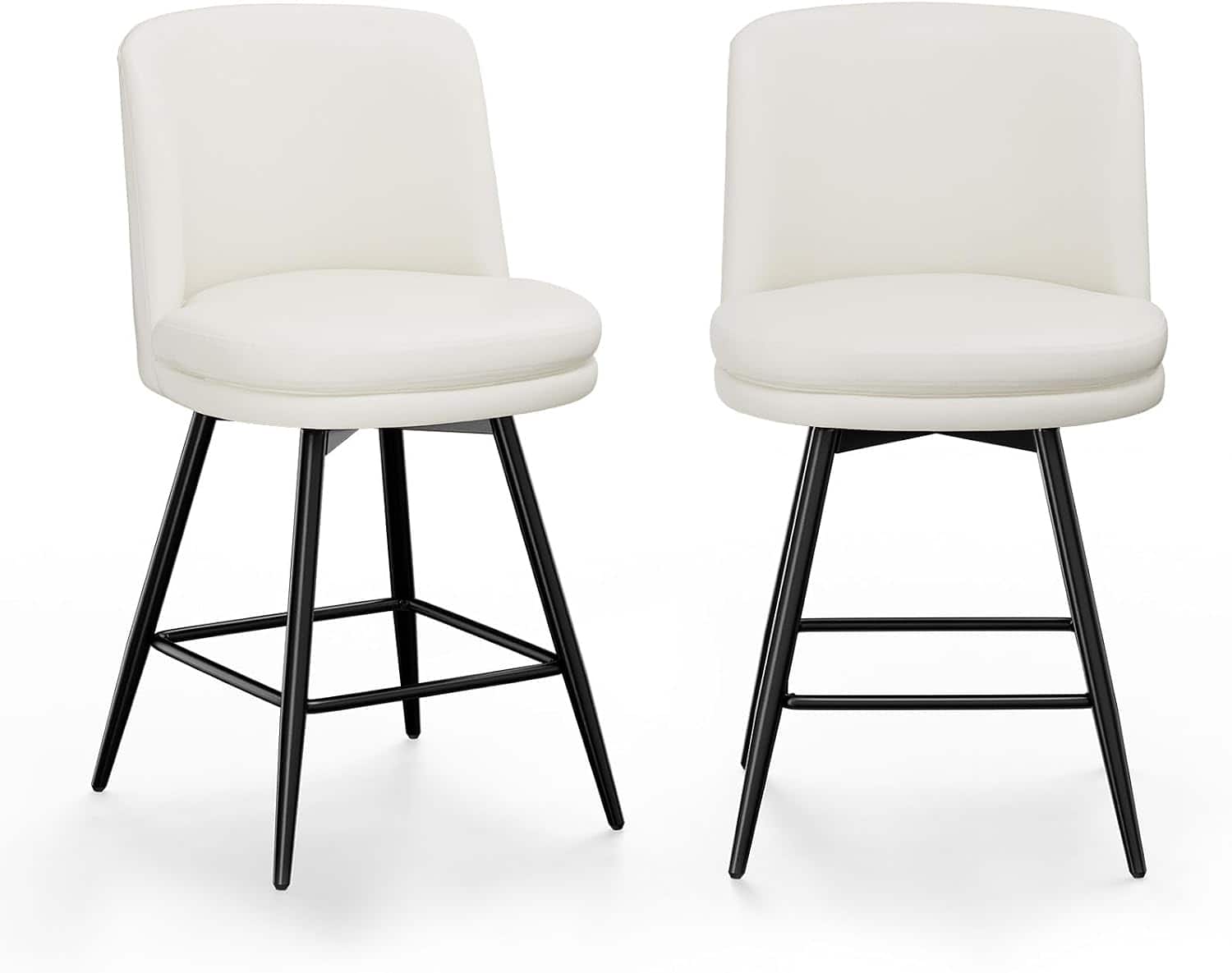 Winado - 26" H Swivel Barstools PU Faux Leather Upholstered Counter Height Bar Stool Chair with Back, Round Seat, Metal Legs - White-Set of 2