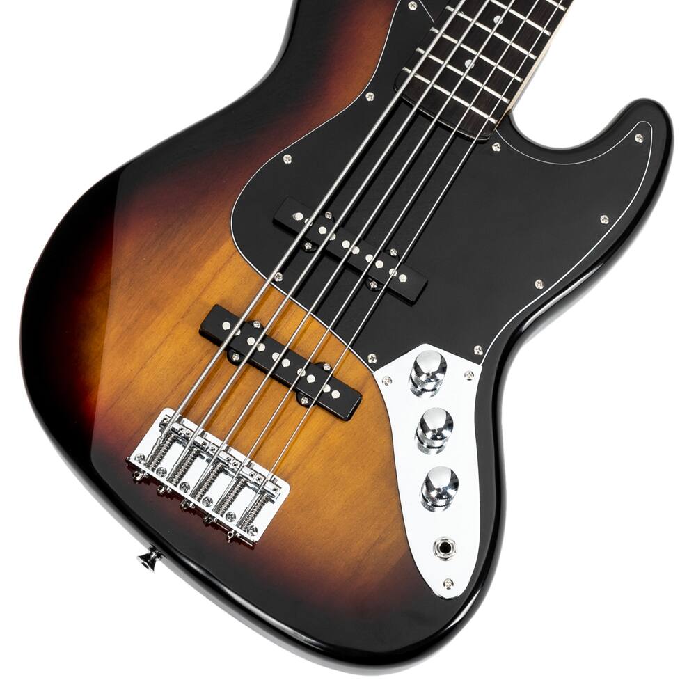 Left. Winado - Gjazz Electric 5 String Bass Guitar Full Size Bag Strap Pick Connector Wrench Tool Sunset With Bag for student Gift.