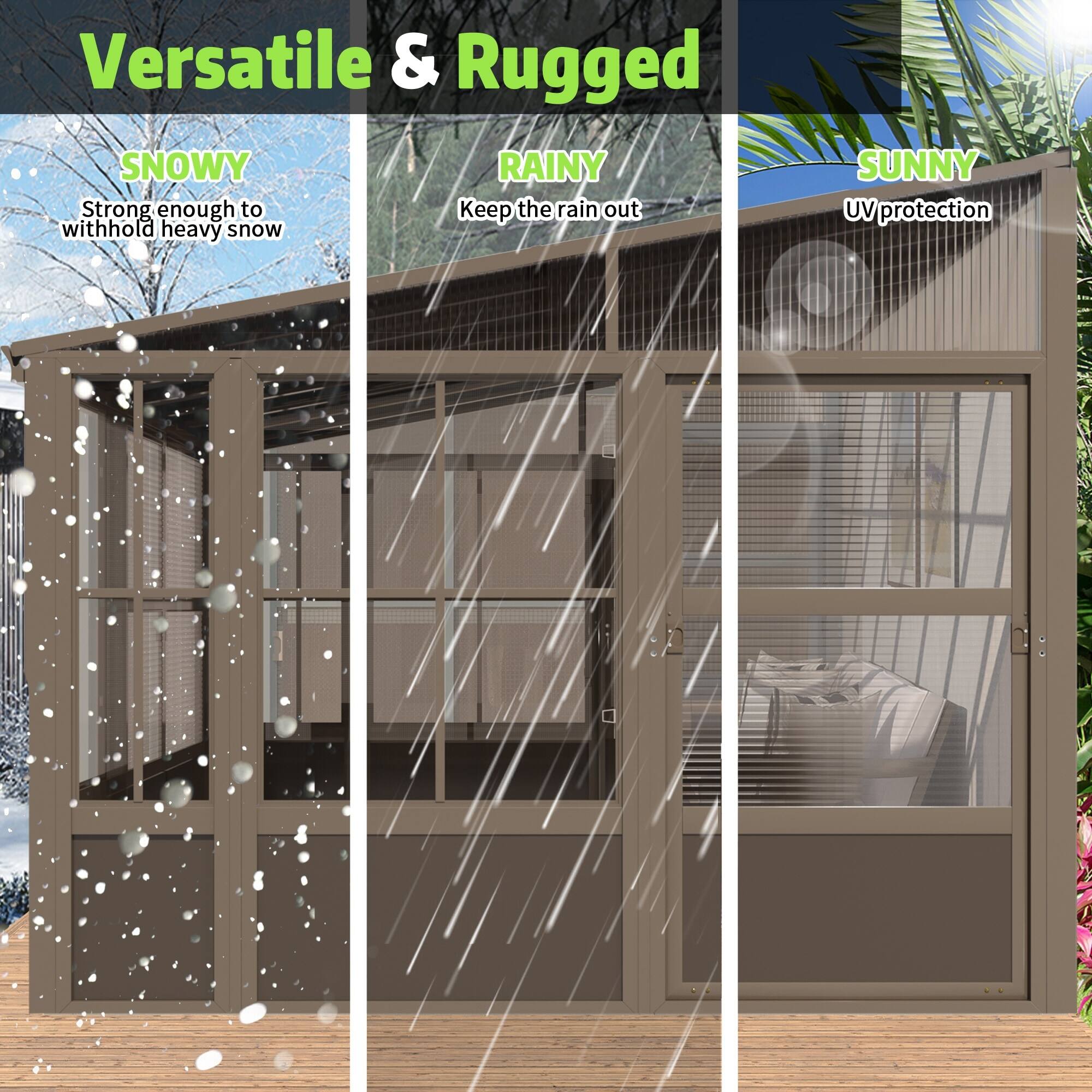 Versatile & Rugged

SNOWY  
Strong enough to withhold heavy snow

RAINY  
Keep the rain out

SUNNY  
UV protection