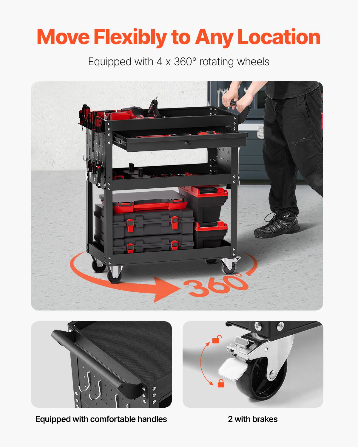 Move Flexibly to Any Location  
Equipped with 4 x 360° rotating wheels  

Equipped with comfortable handles  

2 with brakes