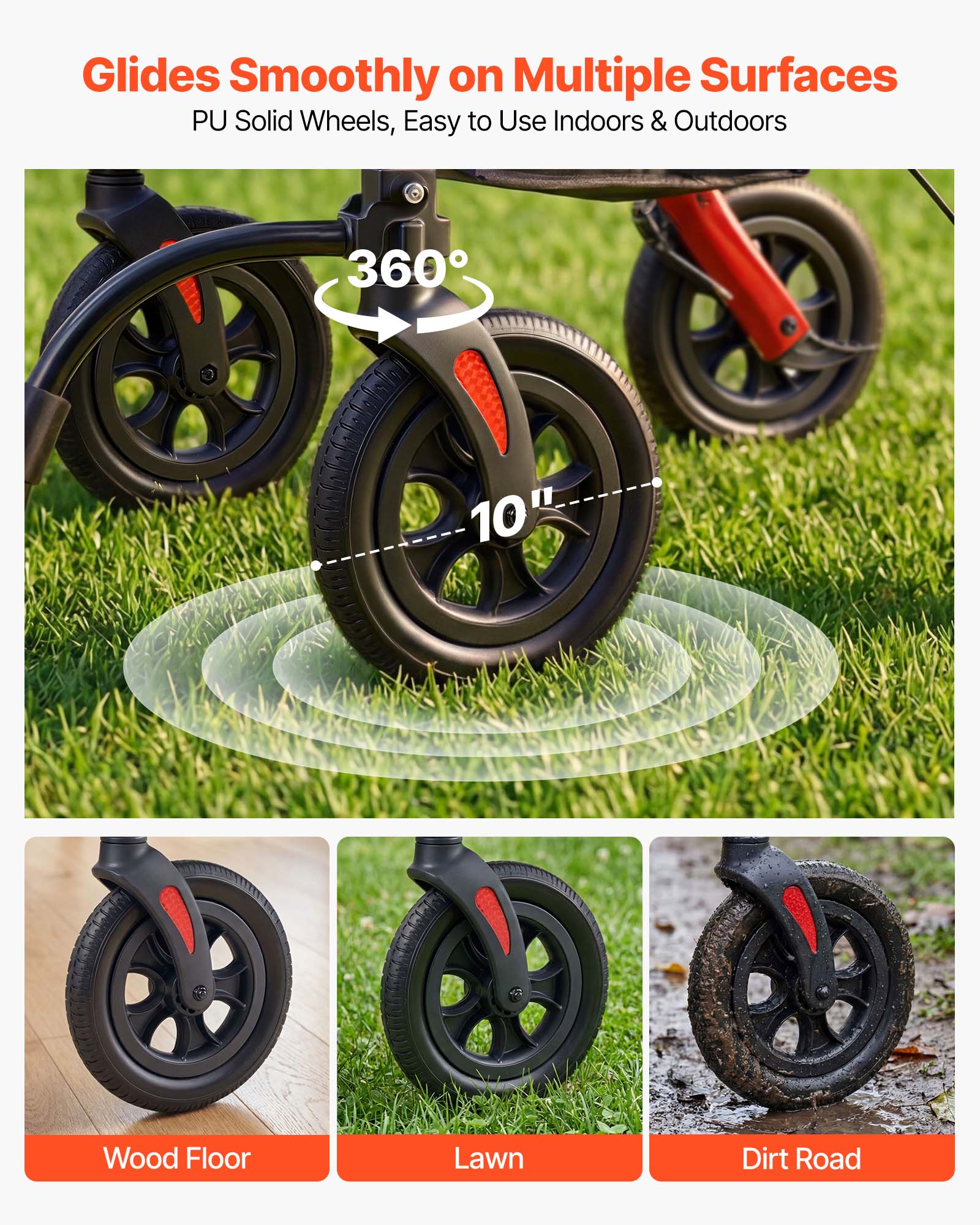Glides Smoothly on Multiple Surfaces  
PU Solid Wheels, Easy to Use Indoors & Outdoors  

360°  
10"  

Wood Floor  
Lawn  
Dirt Road
