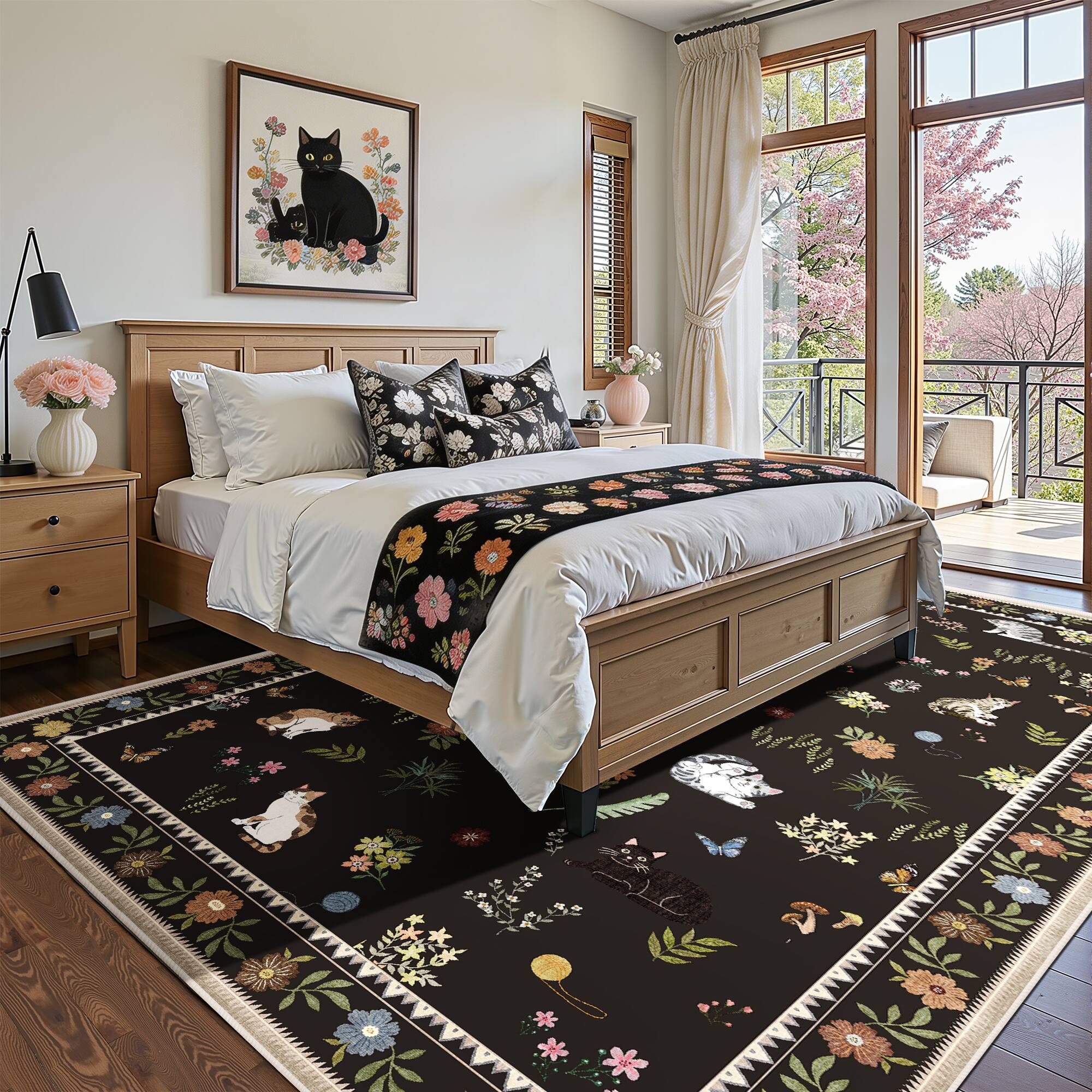 Alt View 2. KERDOM - Cat Illustration 6x9 ft Bedroom Rug, Large Kitten Floor Mat for Dinning Room, Low Pile Washable Area Carpet Animal Throw - Black.