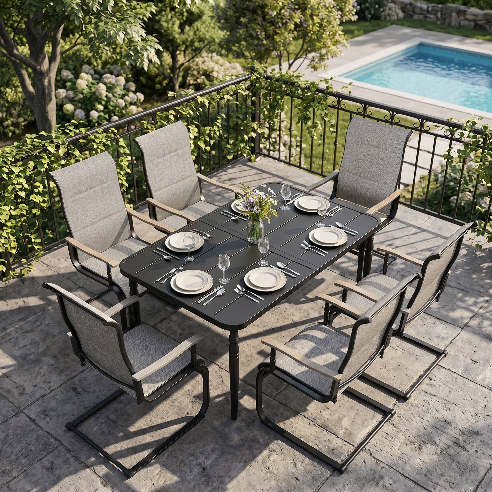 Angle. Nuu Garden - 7-Piece Patio Dining Set with Umbrella Hole, Breathable Textilene Fabric - Brown and Black.