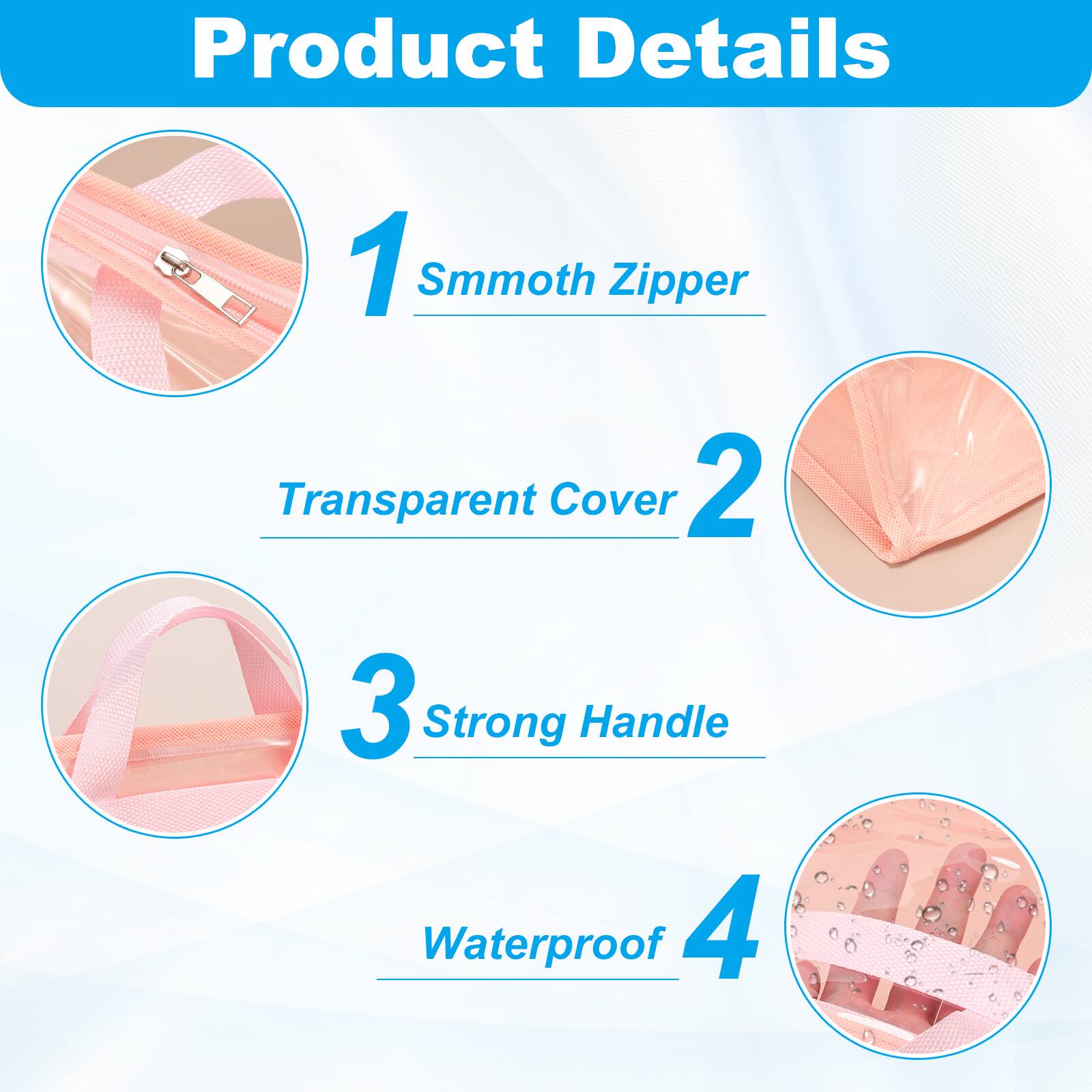 Product Details

1. Smooth Zipper
2. Transparent Cover
3. Strong Handle
4. Waterproof