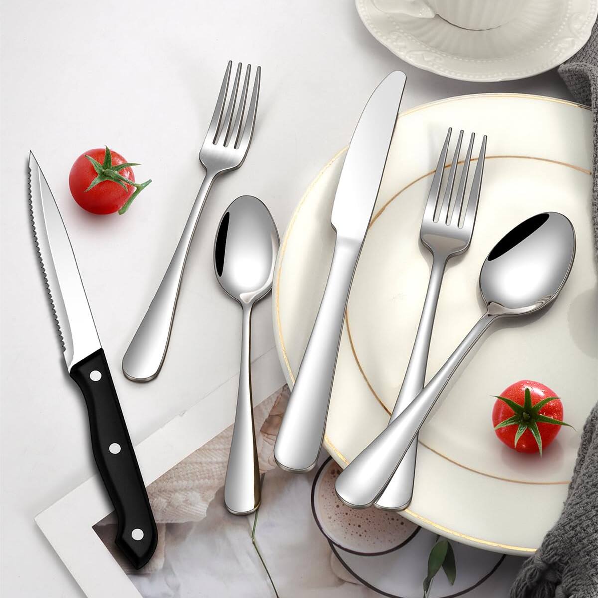 Alt View 2. Dazzed Corner - 48-Piece Flatware Set with Steak Knives for 8 - Silver.