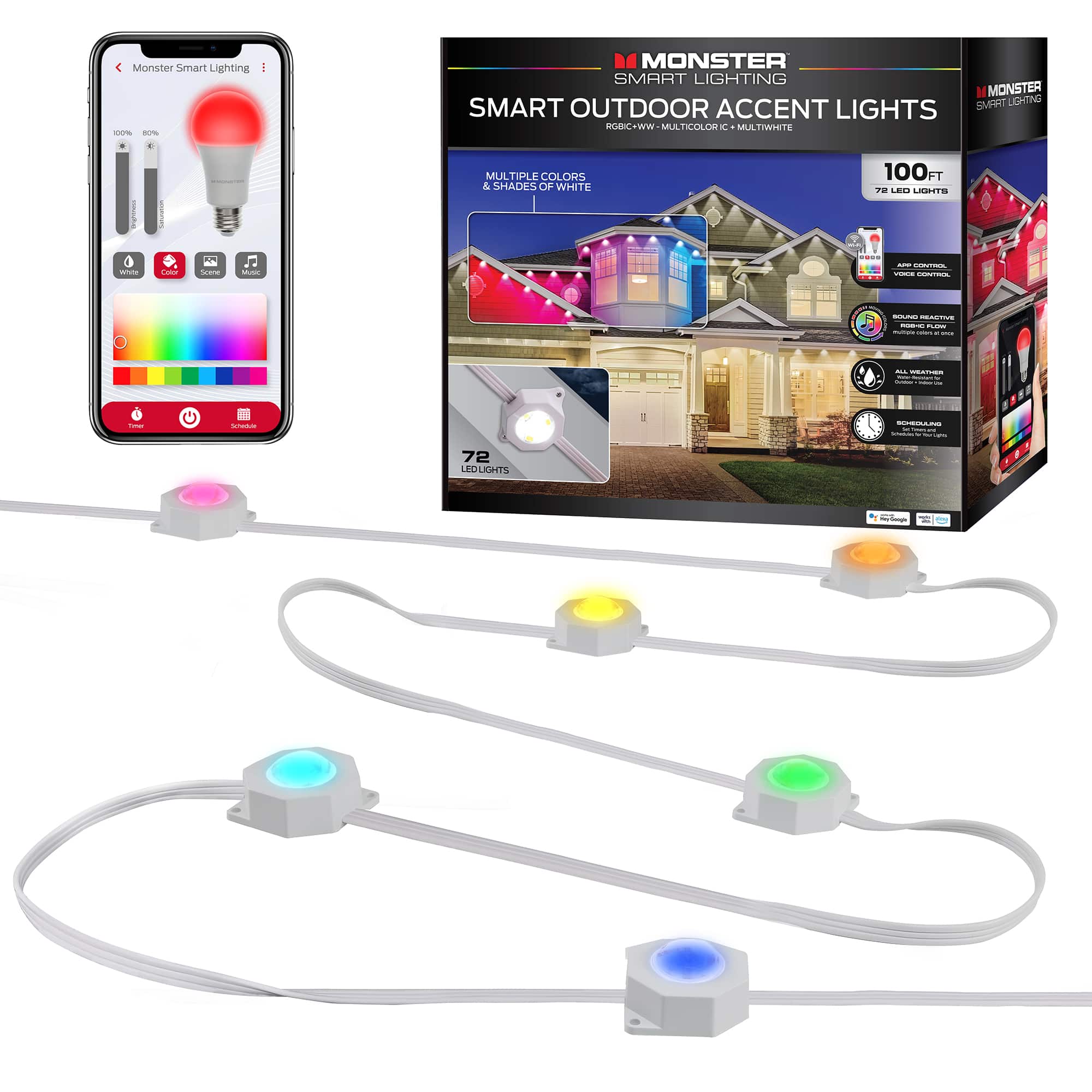 Monster - Smart 100 ft Permanent Outdoor Eaves LED Lights – 72 RGBIC LEDs, Multi-White & Full Color, All-Weather Waterproof - Multicolor