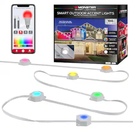 Monster Smart Lighting: C-17" MONSTER SMART LIGHTING MONSTER SMART LIGHTING SMART OUTDOOR ACCENT LIGHTS RGB-WW MULTI COLOR & SHADES OF WHITE 100FT 72 LED LIGHTS