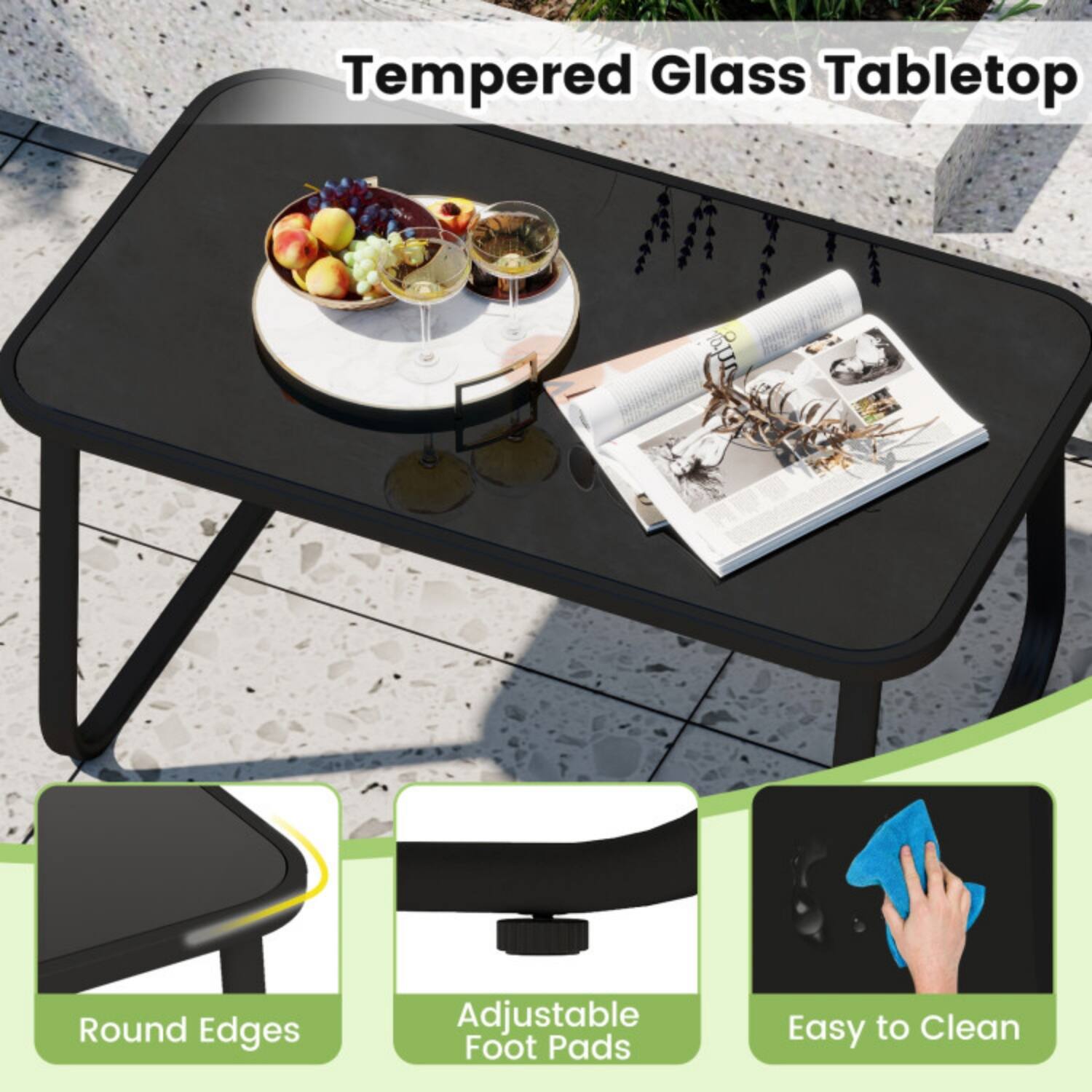 Tempered Glass Tabletop  
- Round Edges  
- Adjustable Foot Pads  
- Easy to Clean