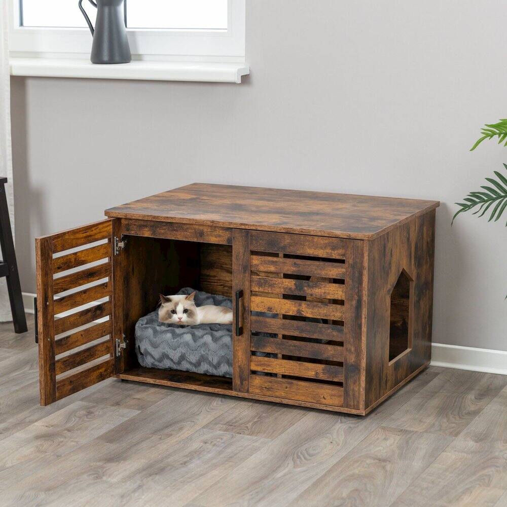 Left. TRIXIE - XL Farmhouse Litter Box Enclosure, Hidden Litter Box Cabinet or End Table - Brown.