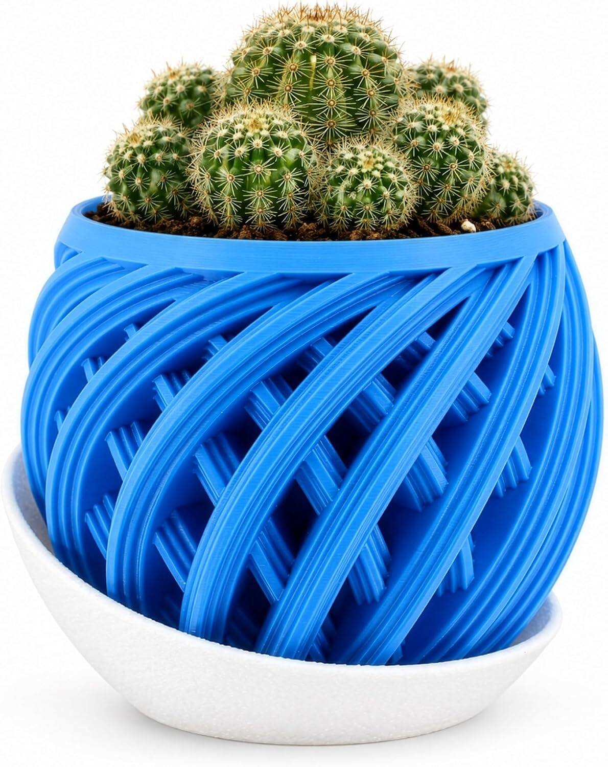 Front. JuzToys - 3D Printed Inova Planter with Drip Tray, Small Indoor Plant Pot w/Saucer, Modern Geometric Desk Shelf Decor by PowerTRC - Blue|White.
