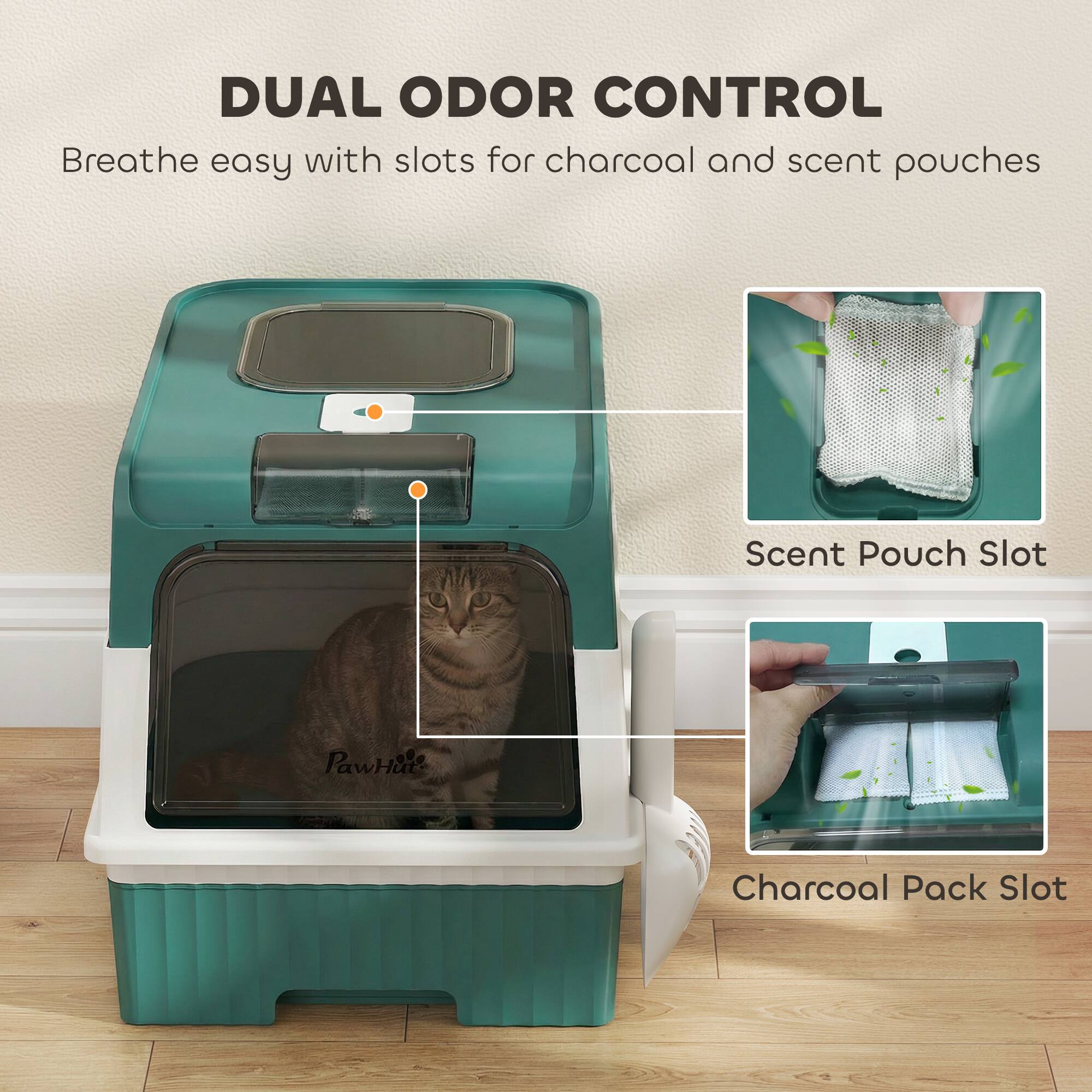 DUAL ODOR CONTROL  
Breathe easy with slots for charcoal and scent pouches  

Scent Pouch Slot  
Charcoal Pack Slot